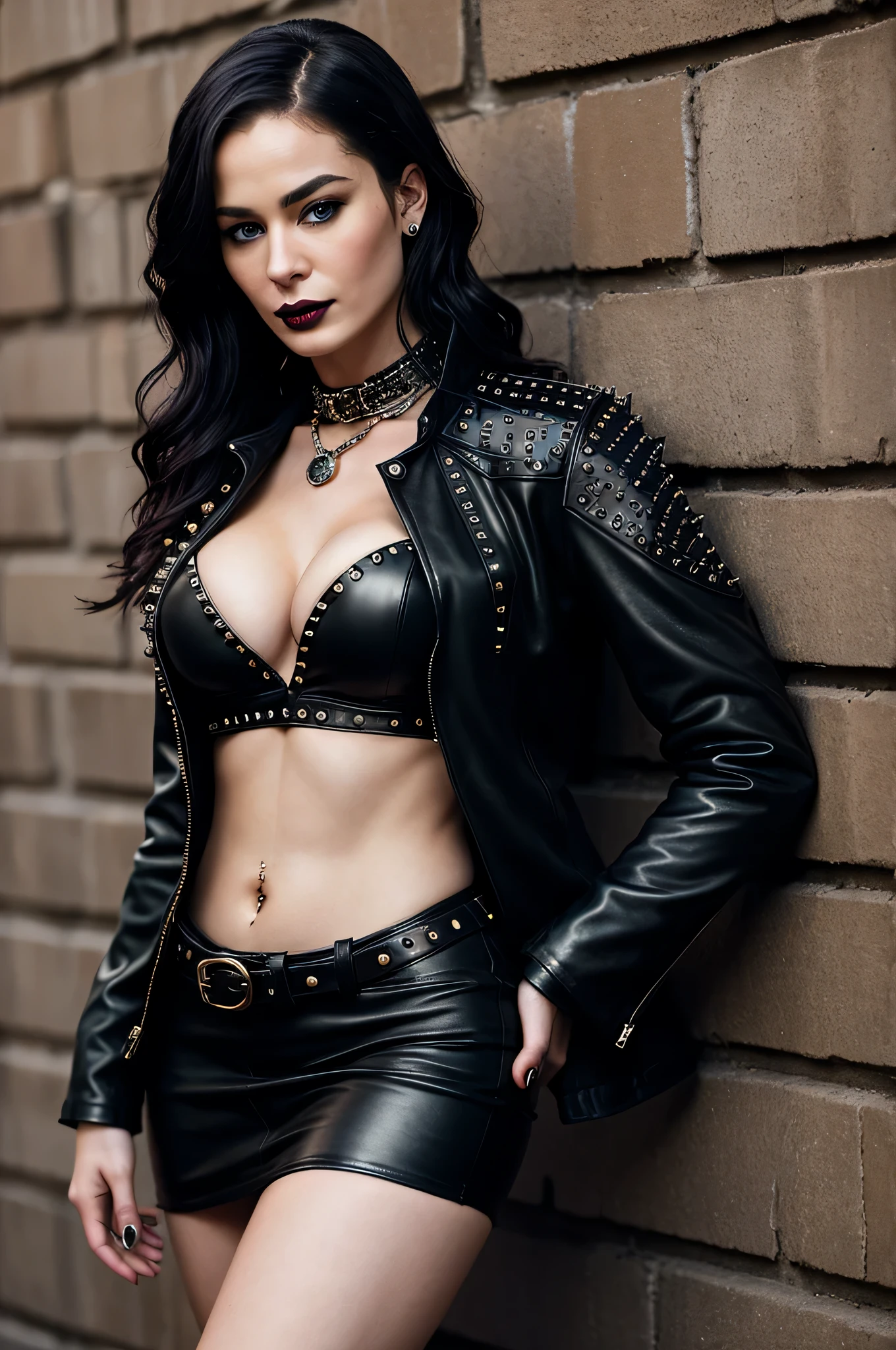 professional and realistic photo of sexy modern 23 year old goth girl Cersei Lannister, studded leather jacket, sexy outfit, provocative pose, goth makeup, black lipstick, grimy alley, busty, rebel