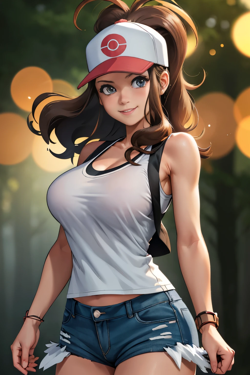 centered, award winning upper body portrait, cowboy shot, (looking at viewer:1.2), | solo, smile,  def1, | forest, dim lighting, fog,| bokeh, depth of field, cinematic composition, |  dynamic pose,   
 Huge breasts