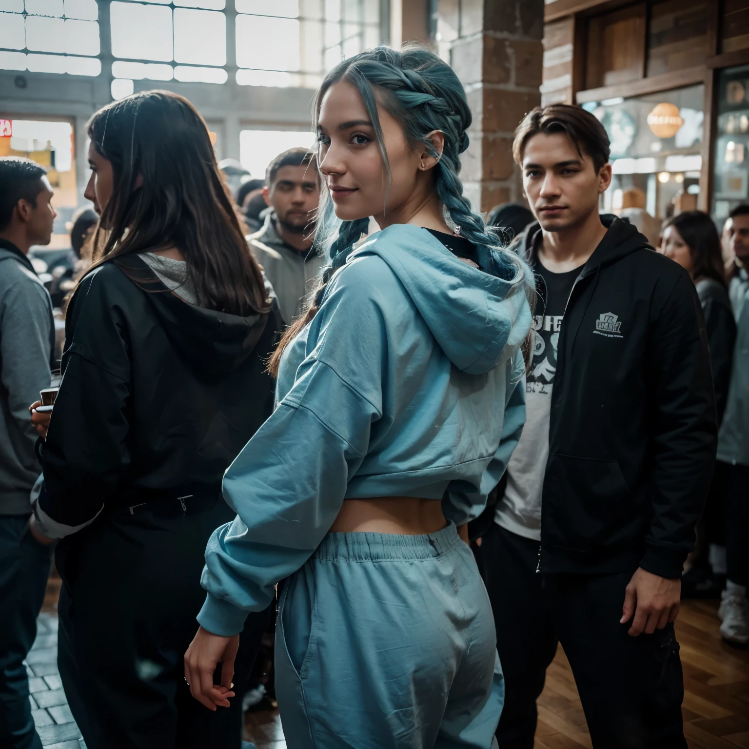 Full body Side view, 23 year old beautiful woman, happy smile, light blue hair, long braided hair, wearing baggy hoody, sweatpants, in a cafe, busy café, stood in a line of people waiting to order, hyper realistic, highest quality, ultra realistic, extremely detailed, hd, HDR, hyper detailed, professional photoshoot, cinematic, ultra detailed, beautiful body, visually rich, concept art, luminous, intricate details, subtle colors, extremely detailed, ultra sharp focus, light particles, attention to detail, grandeur and awe, stunning visual masterpiece, double exposure, 32k, photorealistic, strong outlines, cinematographic scene, highest quality