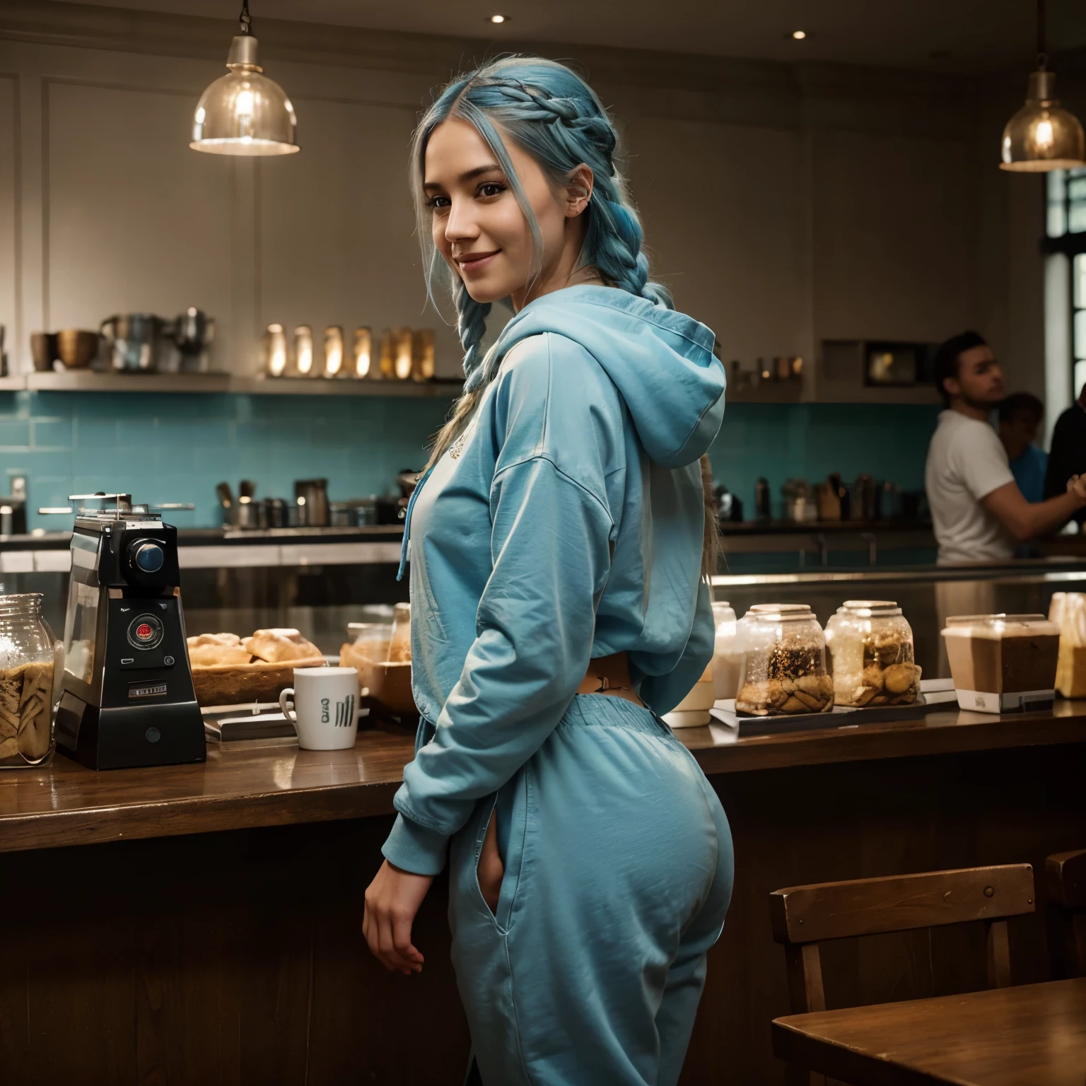 Full body Side view, 23 year old beautiful woman, happy smile, light blue hair, long braided hair, wearing baggy hoody, sweatpants, in a cafe, busy café, hyper realistic, highest quality, ultra realistic, extremely detailed, hd, HDR, hyper detailed, professional photoshoot, cinematic, ultra detailed, beautiful body, visually rich, concept art, luminous, intricate details, subtle colors, extremely detailed, ultra sharp focus, light particles, attention to detail, grandeur and awe, stunning visual masterpiece, double exposure, 32k, photorealistic, strong outlines, cinematographic scene, highest quality
