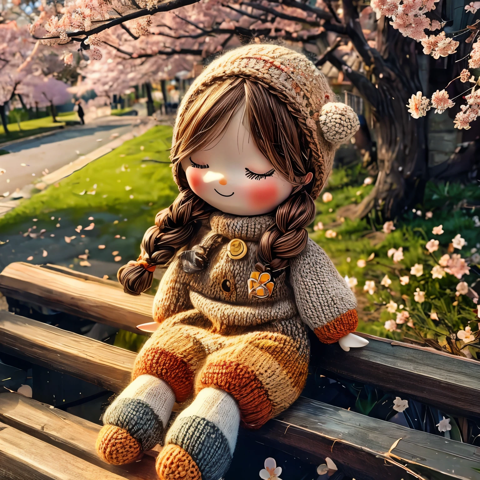 (masterpiece, best quality:1.2),knitted doll，smiley face，riverside，under the cherry blossom tree，Cherry blossoms all over the ground，Sakura petals flying background，Sakura petals are floating in the air，depth of field，backlight，Light particles flutter，Light effect，8k