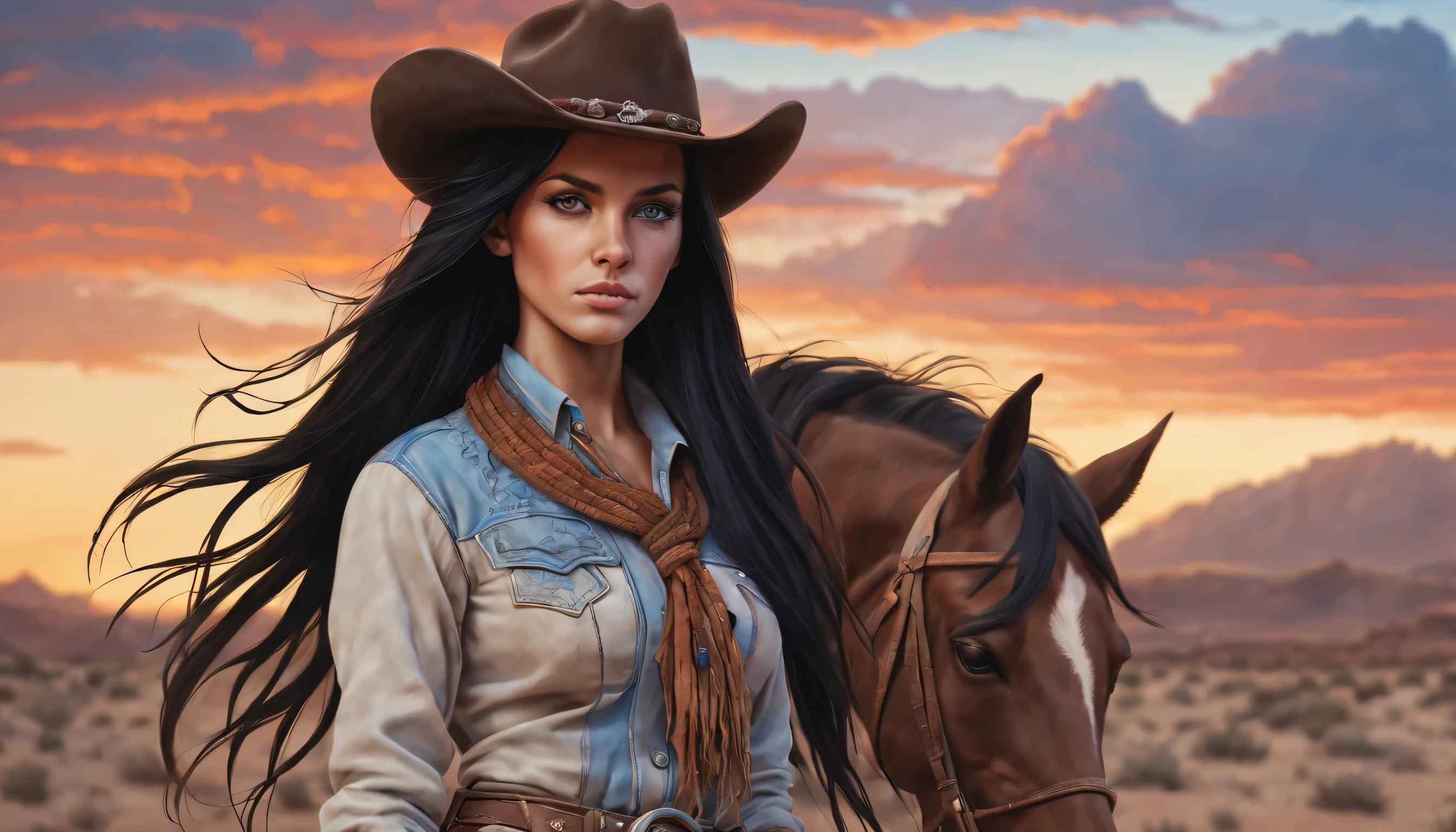 Young woman, cowboy, with long black hair and blue eyes, bright skin, cowboyская шляпа. Illustration, dusty desert, Sunset silhouette, He has, boots, Horse, long braided hair, specific expression, Wild West atmosphere, rustic colors, warm lighting. photorealism, beauty.