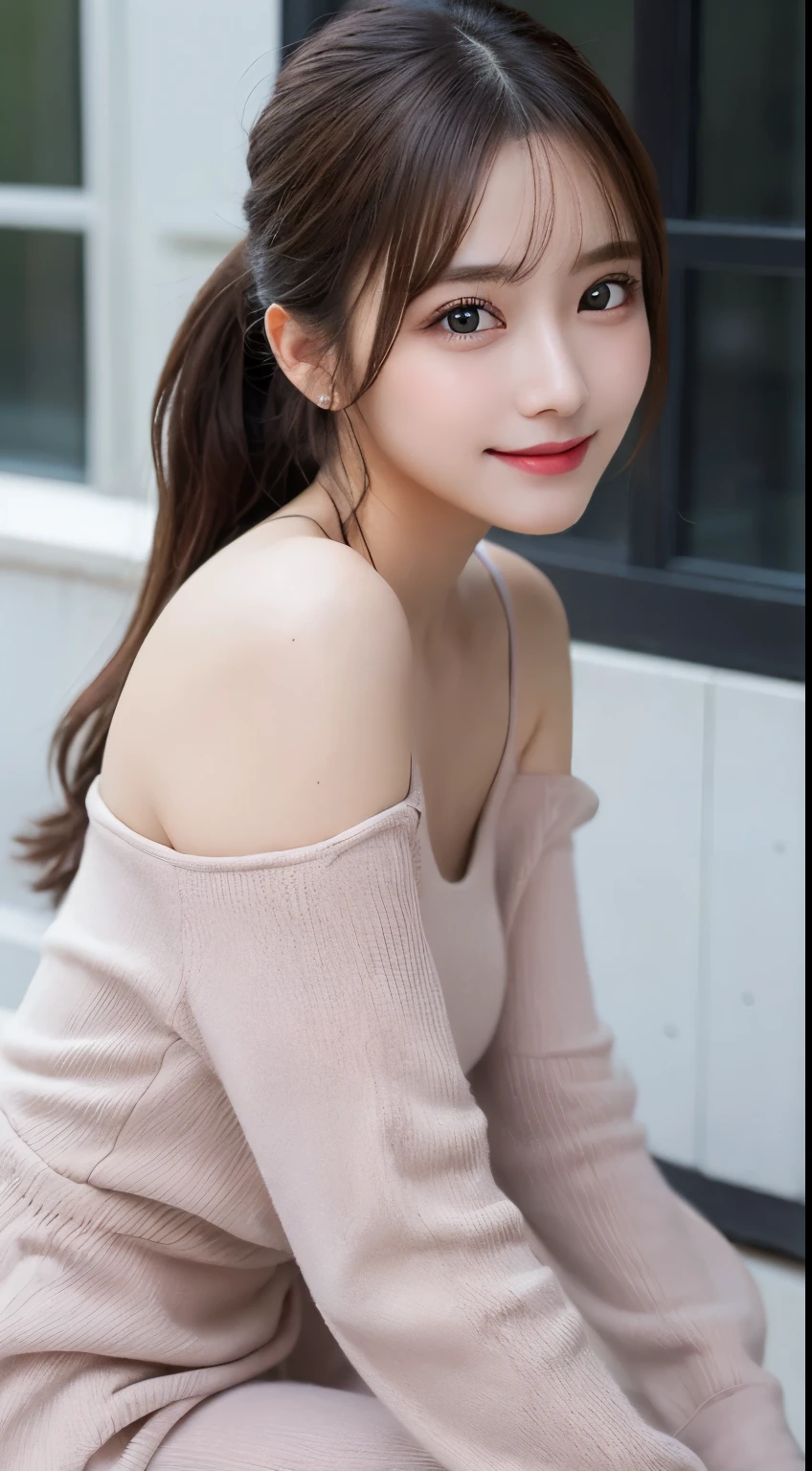 table top, highest quality, shape, Super detailed, finely, High resolution, 8k wallpaper, 完璧なダイナミックな構shape, beautiful and detailed eyes, straight hair, small breasts, natural color lip, random sexy pose,smile,20 year old girl、midnight、美しくdetailed face、perfect and beautiful face,Big eyes、RAW photo、Expressing feminine poses with your whole body、beautiful and detailed eyes、small face、beautiful duplex、slim face and style,pale pink long sleeve dress、beautiful golden ratio face,twin ponytail hair,bright look,Photographed focusing on beautiful legs、 (get closer to the face, enlarge the face, face focus:1.0), break, (masterpiece, highest quality, Super detailed, detailed face, 8k)、real photos、perfect and beautiful face、blur the background、smile