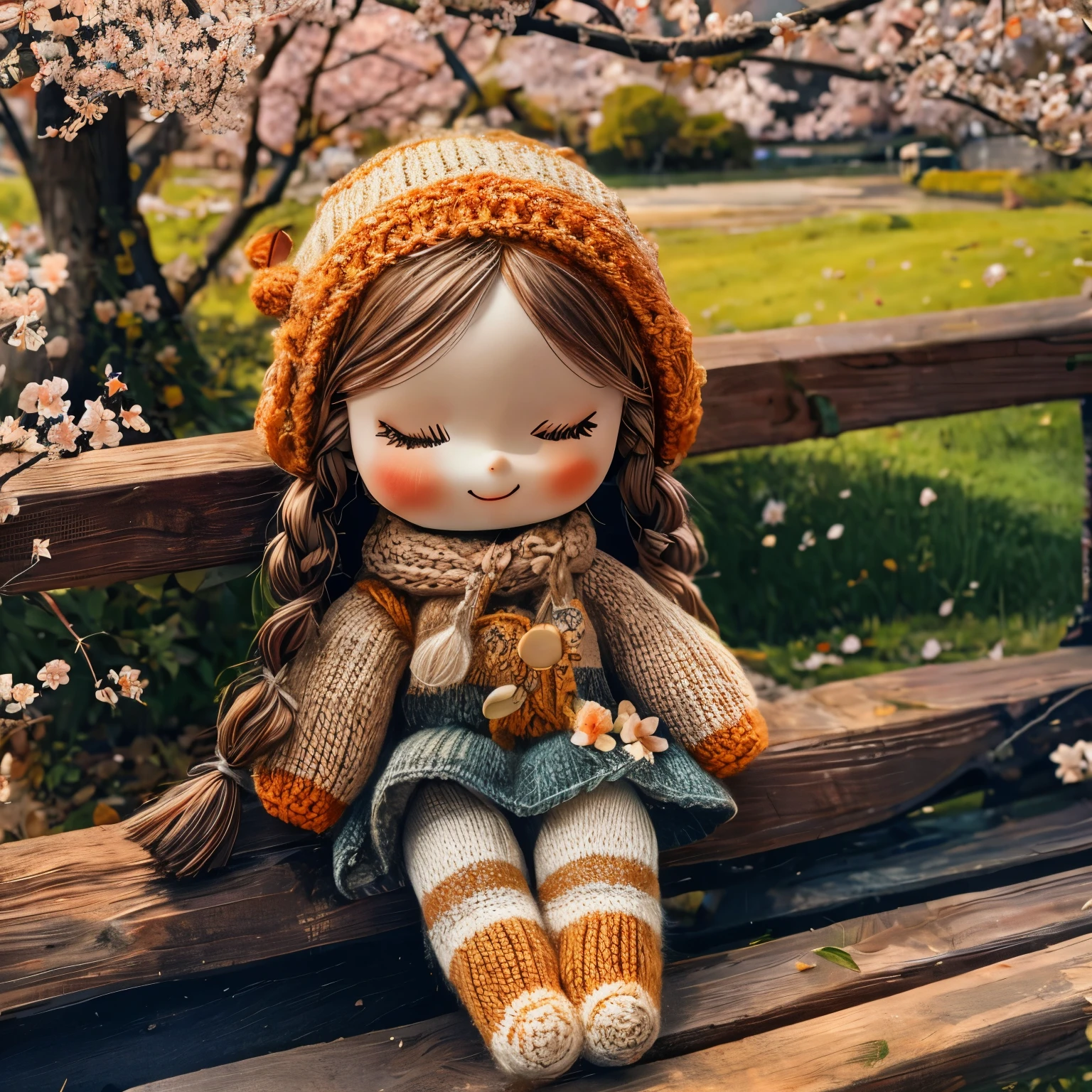 (masterpiece, best quality:1.2),knitted doll，smiley face，riverside，under the cherry blossom tree，Cherry blossoms all over the ground，Sakura petals flying background，Sakura petals are floating in the air，depth of field，backlight，Light particles flutter，Light effect，8k