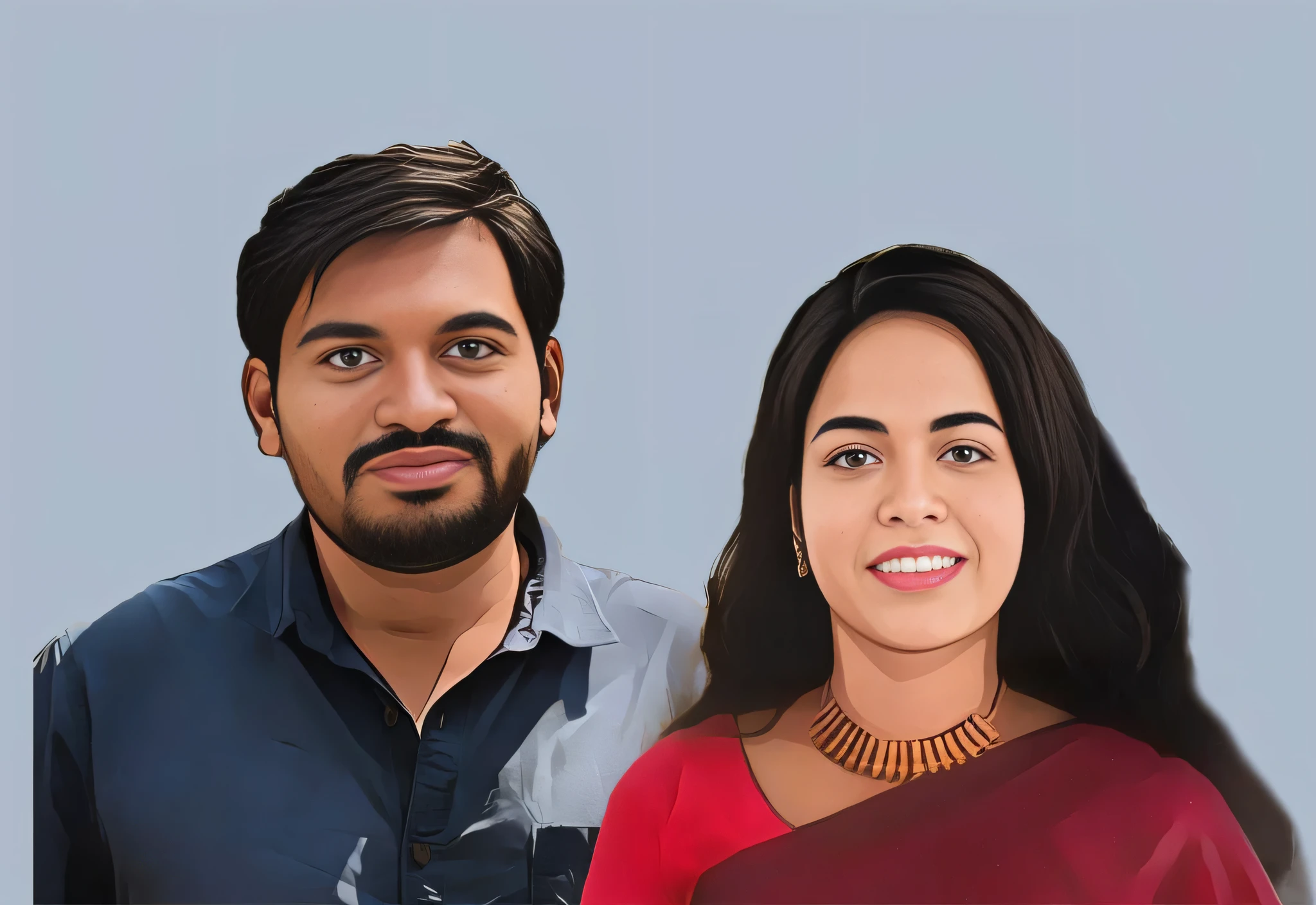 high-quality, rotoscoped NFT portrait of two people standing next to each other. It's a detailed illustration, suitable for a profile picture or as a couple portrait. Created in a digital painting style, it features intricate 2D detailing and can be likened to a corporate animation style.