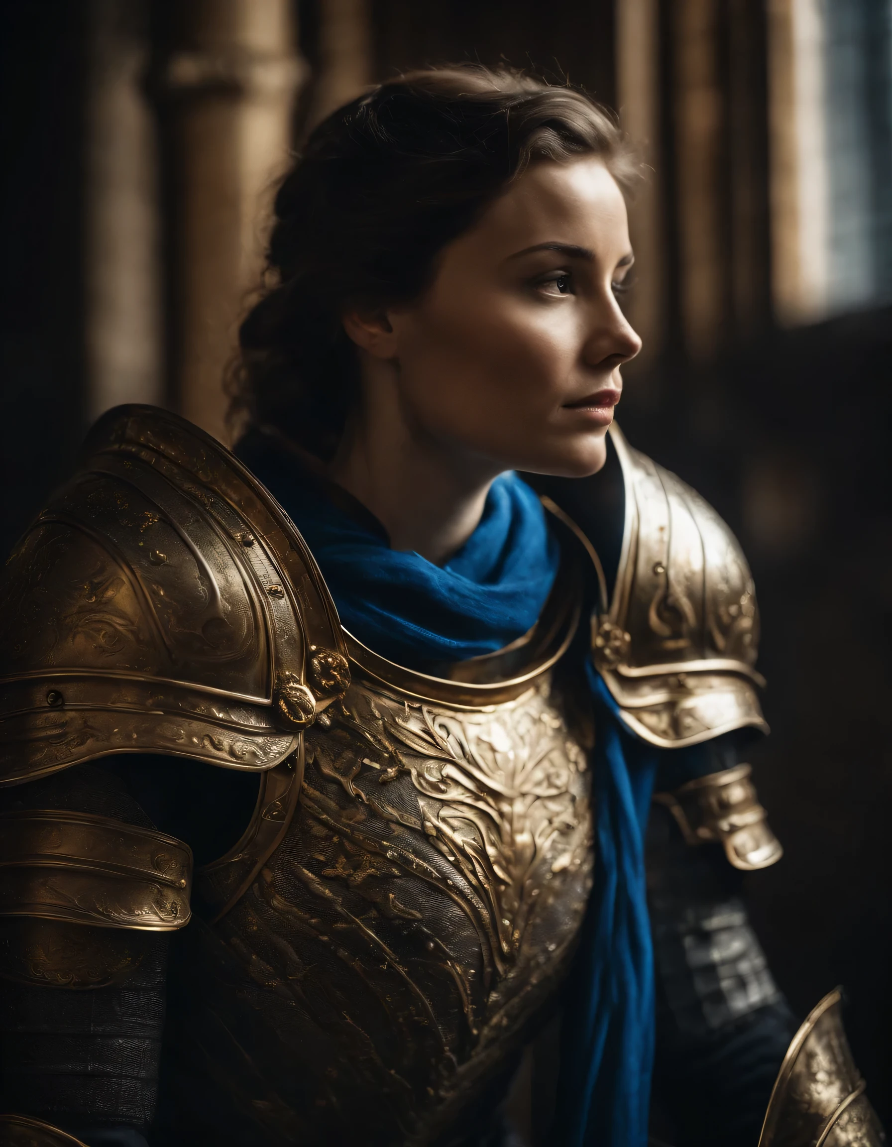 Masterpiece, absurdres, fine detail, HDR,highly detailed armor with gold plating, shiny armor, photorealistic,PLD_armor, a female knight in armor, wearing PLD_armor, blue scarf