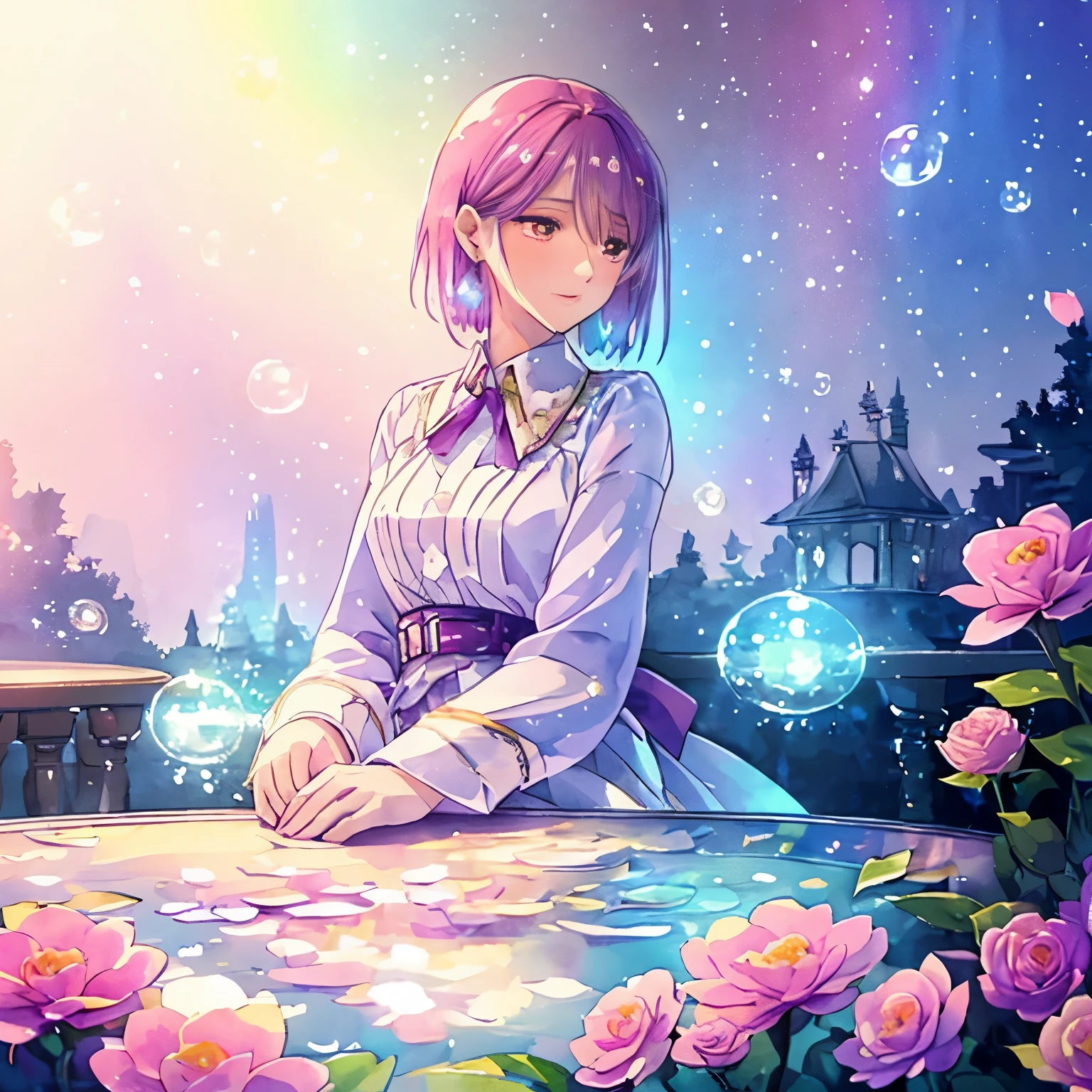 (high quality, 8k), (soft light), Rainbow-colored, one girl, detailed face, fine eyes, watercolor paiting,  so magical and dreamy, dreamy and detailed, dreamy atmosphereとドラマ, gorgeous atmosphere, fantastic beautiful lighting, dreamy atmosphere, beautiful atmosphere, dreamy romantic, fantastic dreamy theme, magical atmosphere, beautiful atmosphere, anime background art, magical atmosphere + table top, dreamy aesthetics, Beautiful details with atmosphere, lots of flowers, bubble, water, flower garden, sitting on the ground, shining eyes