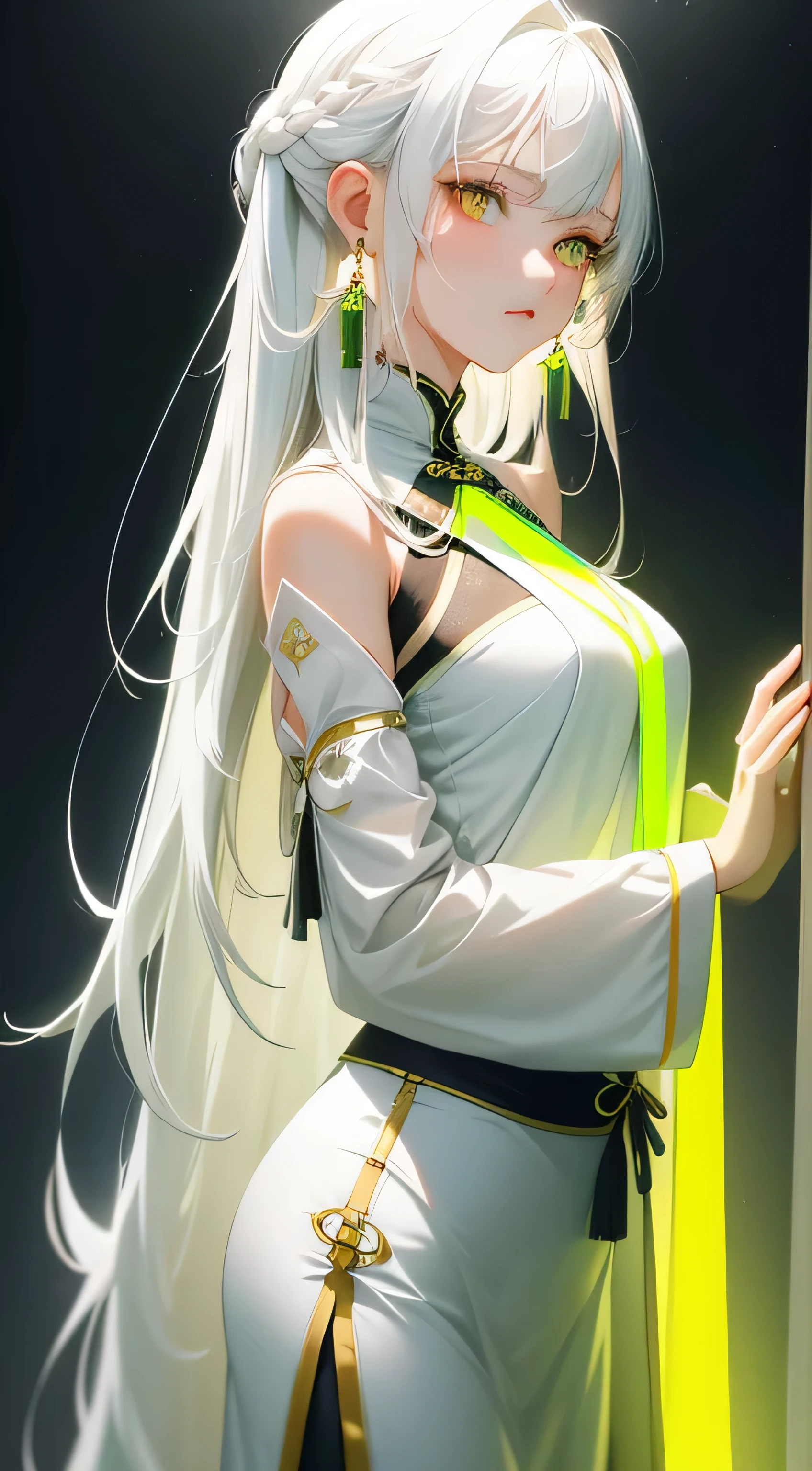 Beautiful girl with long off-white hair, Glowing white eyes, green luminous earrings, table top, studio light, Professional, High resolution, highest quality, nffsw, Photographed from side light,dark atmosphere, Emotional, melancholic key visual, rich colors, extremely difficult、Kung Fu Stance
