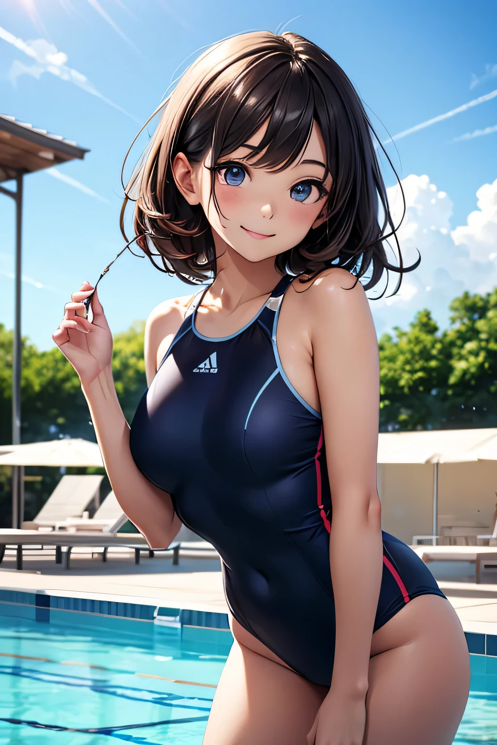 very cute and beautiful girl,(very detailed美しい顔),blue school swimsuit,
Are standing,leaning forward,Poolside,small colorful flowers,
(smile:1.2),looking at the viewer,black hair,cowboy shot,
(highest quality,masterpiece:1.2),disorganized,High resolution,super detailed,very detailed,32K,
movie-like scene,detailed background,alone,dynamic angle,
hair blowing in the wind,beautiful and detailed sky,