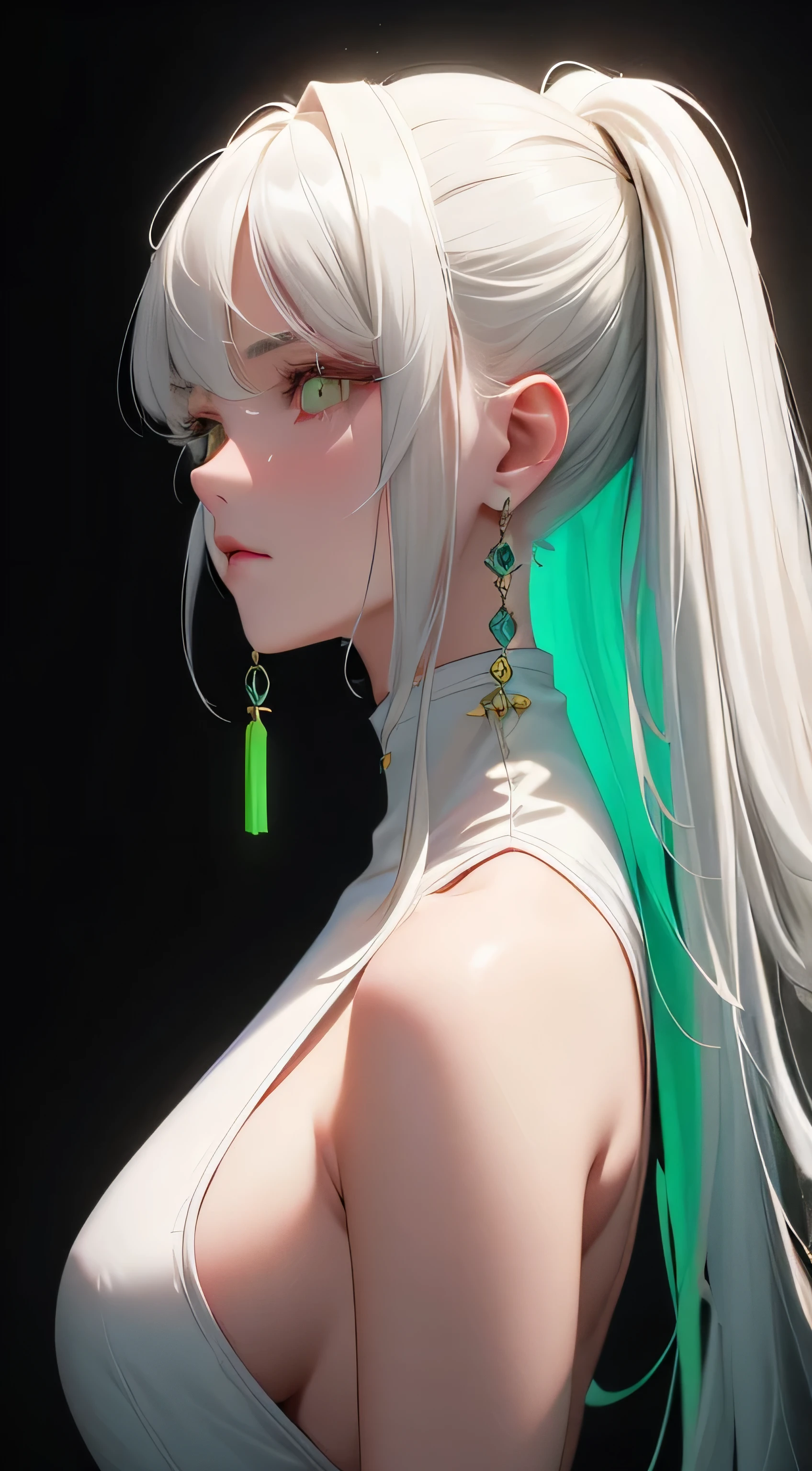 Beautiful girl with long off-white hair, Glowing white eyes, green luminous earrings, table top, studio light, Professional, High resolution, highest quality, nffsw, Photographed from side light,dark atmosphere, Emotional, melancholic key visual, rich colors, extremely difficult、Kung Fu Stance