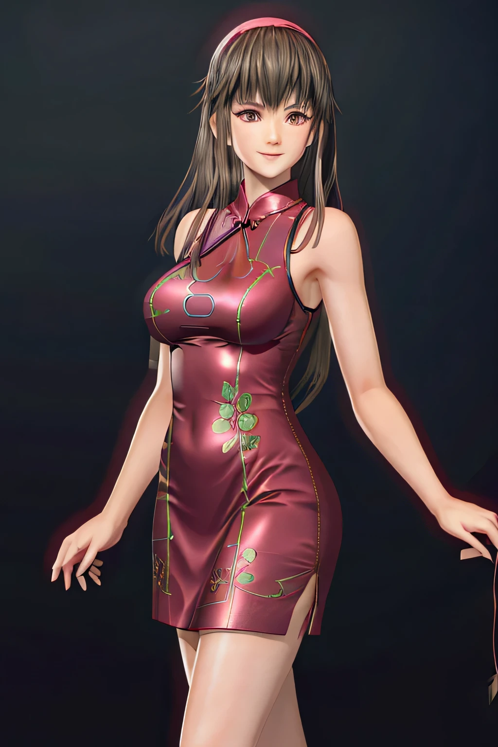 hitomi in a glittering_Rose_Cheongsam_mit_Blumen_Muster, glittering_Stoff, glatt_Kleid, sehr_Kurz_Kleid,  turleneck, bare_Schultern, In Ärmellos, Nice, lang_Haar, thin, zuversichtlich_Smile, noticeable_Pose, high resolution, 8k