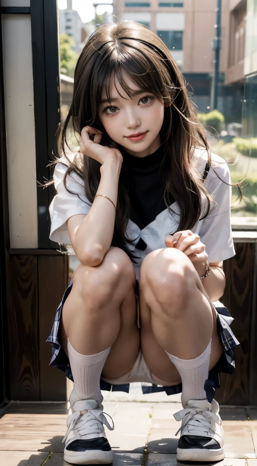 Anime girl sitting at a classroom desk with a blackboard, beautifulアニメのhigh school girl, cuteアニメの女の子, white pantiesー,cute, seductive anime girl, anime moe art style, squatbeautifulアニメの女の子, anime best girls, Smooth anime CG art, attractive anime girl, cotton panties,surreal , young anime girl、wear sneakers、white panties、full color、(muste piece、 best quality:1.2)、High resolution、high resolution、In 8K、real実写、Raw photo、highest quality、masterpiece、 extremely delicate、High definition raw color photo、professional photography、 wonderful face and eyes、超High resolution、Raw photo、beautiful、beautiful、beautiful girl、(solo:1.2)、 black hair、big boobs、blush、smile、big 、 school uniform、view audience、squat、(Crouching panty shots:1.2)、fully exposed panties、blush、shy smile、outdoor、outside of home、Obscene content、pornography、high school girl、sit with one's knees、sit with your heels on the ground、hold your knees with both hands、shins facing forward、body facing forward、sit with your heels on the ground、open legs、open crotch、white panties、8k photo、Live shooting、最high resolution、masterpiece:1.2、real、photorealistic、high contrast、photon mapping、realism、Super detailed、professional lighting、Low - Angle:1.2)、(1 girl)、(solo:1.5)、(Height is 165 cm), (18才のhigh school girl), (Japanese high school uniform)、(summer blouse:1.2)、(plaid short skirt:1.2)、(white shirt with student ribbon:1.2)、(squatting down looking straight ahead)、(open crotch:1.2), (white panties:1.5)、(camel toe)、(white sneakers:1.2)、 (perfect proportions:1.2), (スカートの下からwhite pantiesが見える:1.5), (The detailed shape of the female private parts is clearly visible:1.4), (have pubic hair:1.4), (textured skin)、I can see the cleavage、(8K、RAW photo、highest quality、masterpiece:1.2)、(realistic、フォトreal)、1 girl、from the corner of your eye1Tsu Mole、((white blouse、sailor suit、red tie、Below-the-knee length red checked pleated skirt))、(high school girl)、40 years、Skirt rolled up、gal、lots of eyelashes、glitter on eyelids、skeletally correct、thighs open、wavy twin tails、cutesmile、魅力的なボディ beautiful完璧なボディ、V line emphasis、put your hands behind your head、Beautifully aligned fingertips、