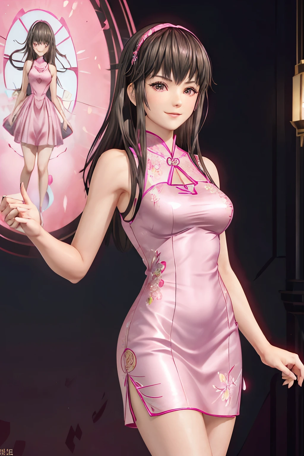 hitomi in a shiny_pink_cheongsam_with_floral_pattern, rose_dress, shiny_fabric, smooth_dress, very_short_dress, turleneck, bare_shoulders, sleeveless, beautiful, long_hair, thin_body, evil_smile, villain, sexy_pose, high resolution, 8k