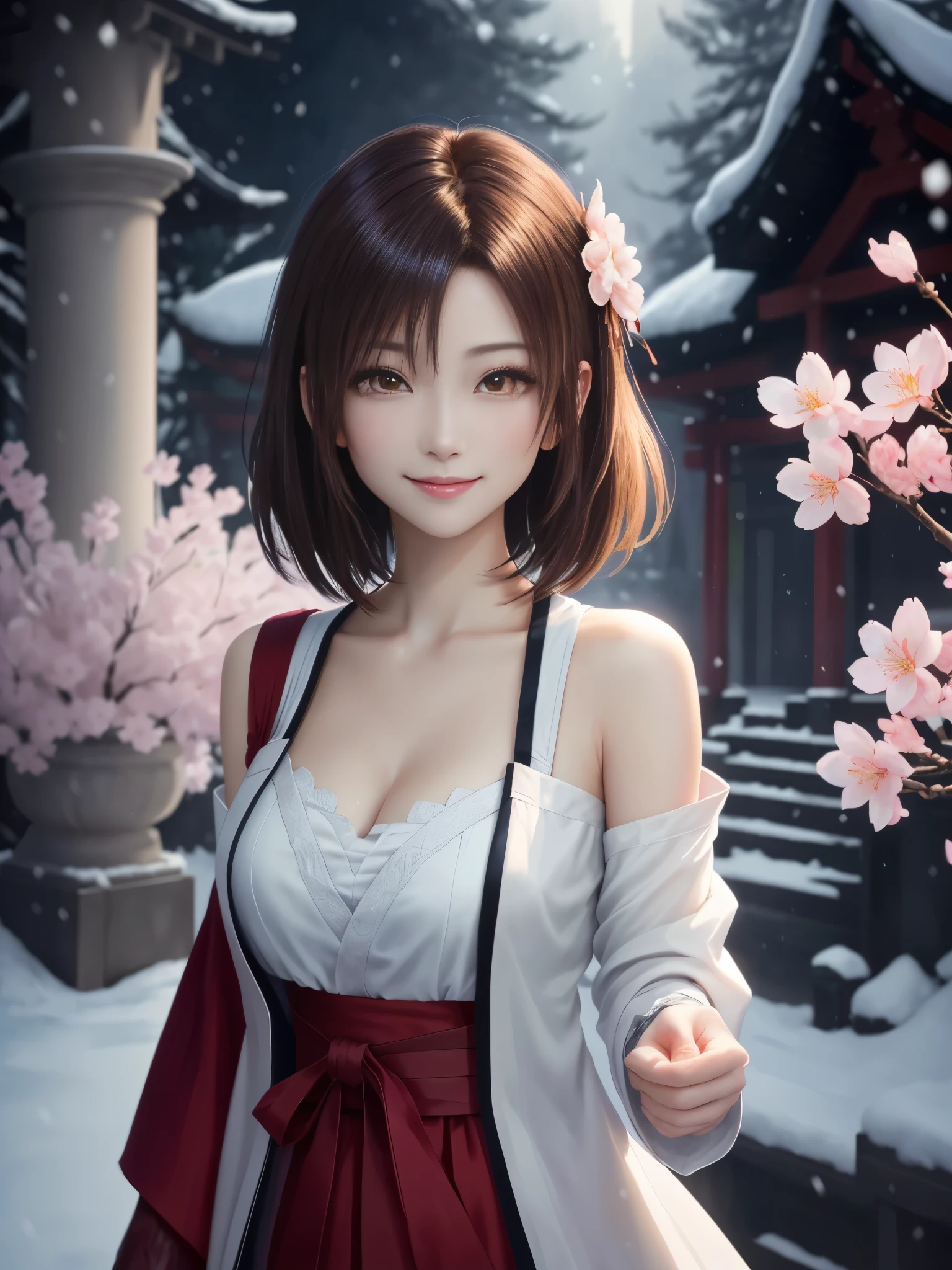 masterpiece , best quality,smile,smile,small face,shoulder exposure,some cleavage exposure,bright brown hair,slender body shape,brown eyes,sharp contrast,short hair,美しいフォルムのshort hair,just one person,precision quality,Faithfully reproduced eyes, 一面に咲くcherry blossom background,snow scene,masterpiece, 幻想的なcherry blossom background,night,nightの背景,cherry blossom background,beautiful details, colorful, delicate details, delicate lips, intricate details, genuine, ultrargenuineista, 枝に座っている色とりどりの髪のFoxを持つ女の子:Mature, bright eyes, ,色とりどりのFox, raposa de nine tails, 三尾Fox, 三尾Fox, onmyoji detail art, beautiful fine art illustration, mythical creatures, Fox, beautiful digital art,shrine maiden,hold hands,exquisite digital illustration, mizutsune, Inspired by mythical wild web creatures, pixiv in digital art, shining light, high contrast, Mysterious,