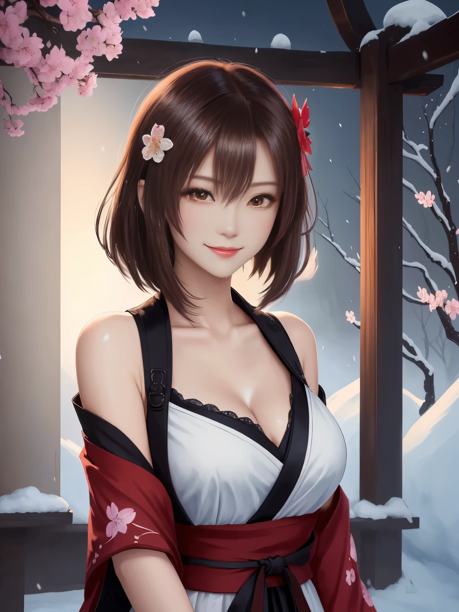 masterpiece , best quality,smile,smile,small face,shoulder exposure,some cleavage exposure,bright brown hair,slender body shape,brown eyes,sharp contrast,short hair,美しいフォルムのshort hair,just one person,precision quality,Faithfully reproduced eyes, 一面に咲くcherry blossom background,snow scene,masterpiece, 幻想的なcherry blossom background,night,nightの背景,cherry blossom background,beautiful details, colorful, delicate details, delicate lips, intricate details, genuine, ultrargenuineista, 枝に座っている色とりどりの髪のFoxを持つ女の子:Mature, bright eyes, ,色とりどりのFox, raposa de nine tails, 三尾Fox, 三尾Fox, onmyoji detail art, beautiful fine art illustration, mythical creatures, Fox, beautiful digital art,shrine maiden,hold hands,exquisite digital illustration, mizutsune, Inspired by mythical wild web creatures, pixiv in digital art, shining light, high contrast, Mysterious,