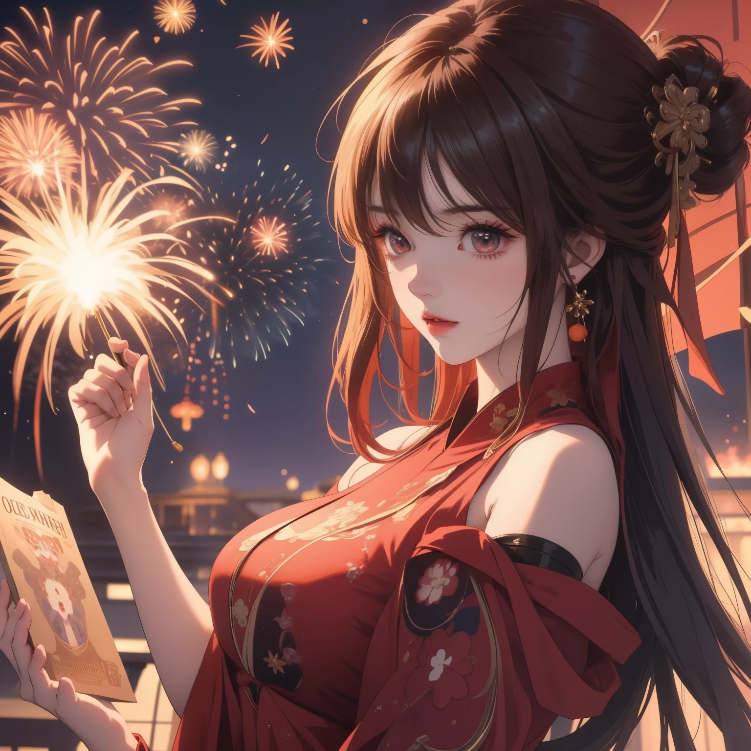 Anime girl holding fireworks and a book in her hands, anime style 4k, anime wallpaper 4k, anime wallpaper 4k, beautiful anime girl, anime art wallpaper 4k, Anime Art Wallpaper 4k, 4k anime wallpaper, anime art wallpaper 8k, Cute anime waifu wearing beautiful clothes, Attractive anime girl, Beautiful anime woman, Beautiful anime style