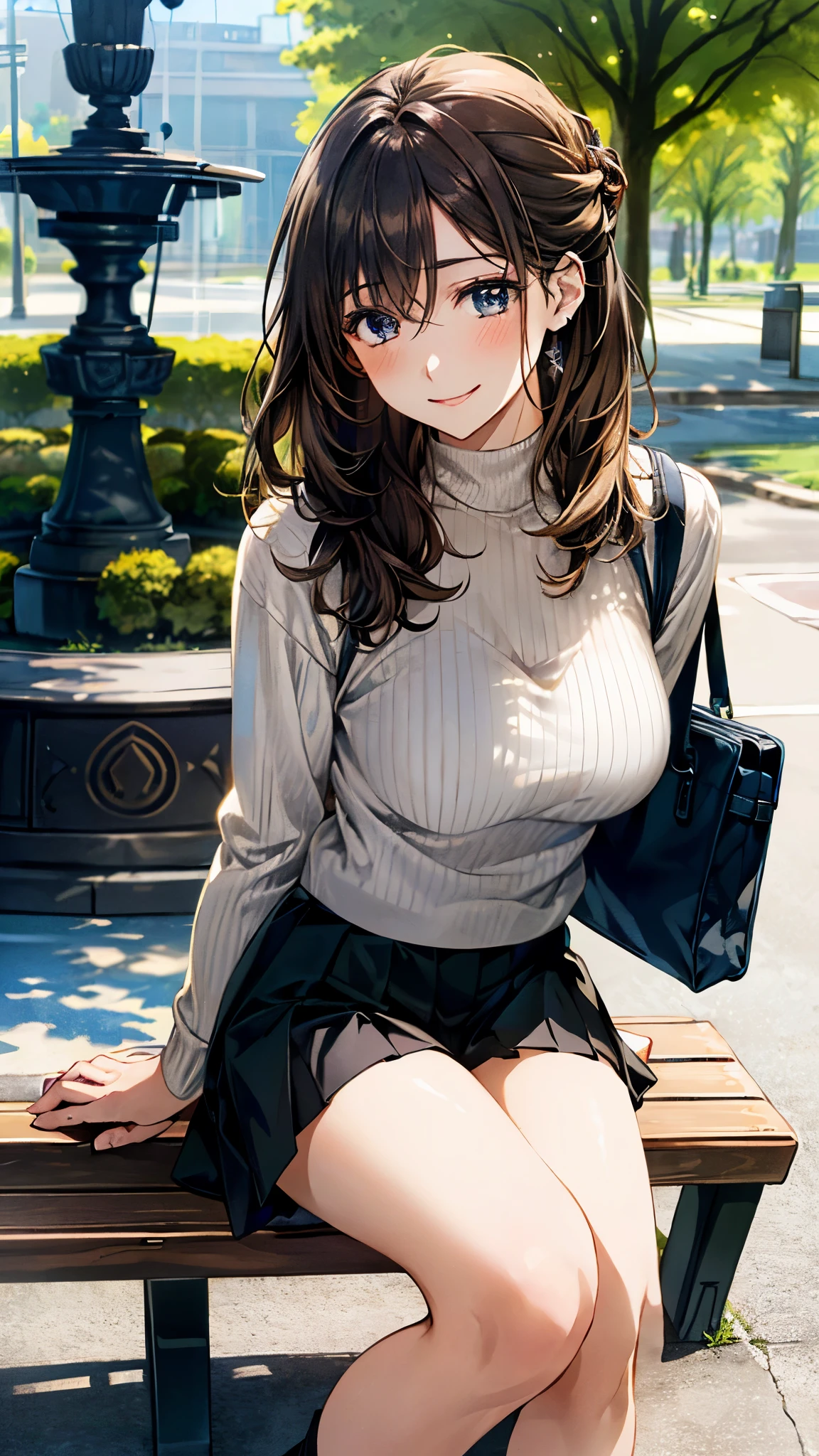 (masterpiece:1.3, top-quality), (realistic, photorealistic:1.4), beautiful illustration, (natural side lighting, movie lighting),
looking down, full body, from below, 1 girl, japanese, (receptionist), 20 years old, perfect face, (perfect anatomy), cute and symmetrical face, shiny skin,
(long hair, half updo, light brown hair), hair between eyes, dark blue eyes, hair clip, long eye lasher, (large breasts: 0.8, seductive thighs, big ass),
beautiful hair, beautiful face, beautiful detailed eyes, beautiful clavicle, beautiful body, beautiful chest, beautiful thigh, beautiful legs, beautiful fingers,
((insanely detailed clothes, ivory high neck sweater, black pleated skirt, tote bag)),
(beautiful scenery), depth of field, late afternoon, (park, cityscape in the distance, sitting park bench), drinking fountain, (happy smile),