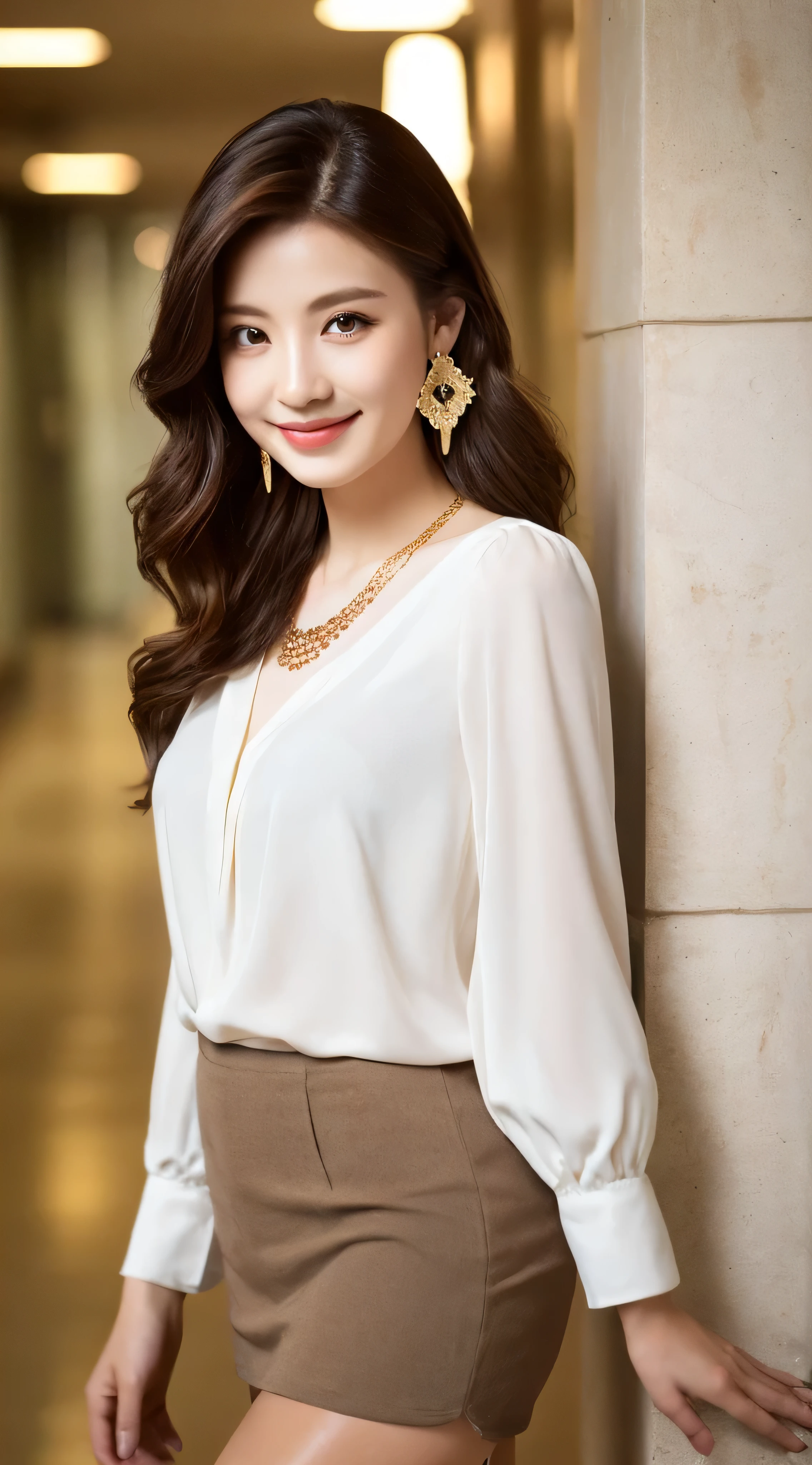 A bewitching beautiful mature elite secretary dressed in a luxurious silk blouse.、40 years old、Height: 154cm、well-proportioned body shape、Hourglass-like body shape、skirt and thighs、While walking down the hallway、business services、(wear pantyhose、realistic pantyhose)、office work、wearing a white satin blouse、ultra-thin fabric、smooth、see-through fabric、girl wearing luxury high heels、 Wearing an elegant white blouse、 wearing a very thin blouse、 business woman、blouse and skirt、wearing a white silk blouse、wearing a white shirt and white skirt、japanese goddess、RAW photo、(8K、highest quality、masterpiece:1.2)、(intricate details:1.4)、(Photoreal:1.4)、octane rendering、Ultra-detailed complex 3D rendering、soft light in the studio、rim light、vivid details、super detail、realistic skin texture、detail face、beautiful detailed eyes、Highly detailed CG unity 16k wallpaper、 correction、(Detailed background:1.2)、shiny skin、1girl, solo、((Super long brown hair:1.2))、((Hair with loose waves inside:1.2)),((shy smile:1.3)),((gold necklace_Large earrings:1.2)),((full figure supermodel standing, entire body in frame))fullbody shot、