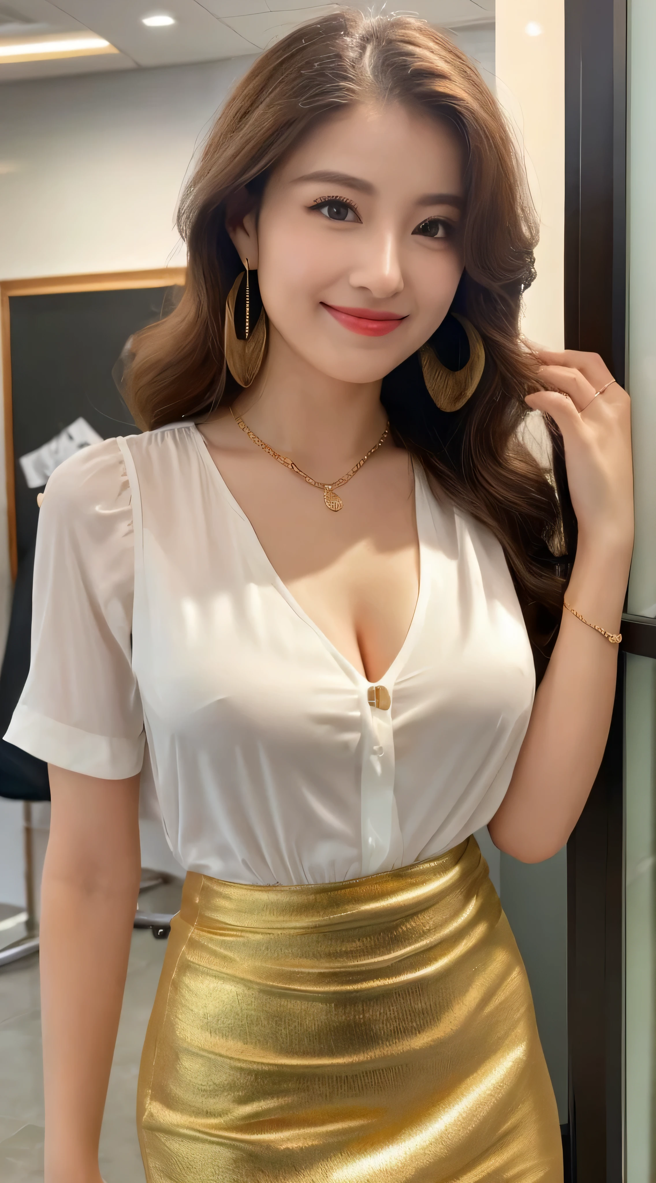 A bewitching beautiful mature elite secretary dressed in a luxurious silk blouse.、40 years old、Height: 154cm、well-proportioned body shape、Hourglass-like body shape、skirt and thighs、While walking down the hallway、business services、(wear pantyhose、realistic pantyhose)、office work、wearing a white satin blouse、ultra-thin fabric、smooth、see-through fabric、girl wearing luxury high heels、 Wearing an elegant white blouse、 wearing a very thin blouse、 business woman、blouse and skirt、wearing a white silk blouse、wearing a white shirt and white skirt、lace breasts, large loose open chest, get glimpses of breast、japanese goddess、RAW photo、(8K、highest quality、masterpiece:1.2)、(intricate details:1.4)、(Photoreal:1.4)、octane rendering、Ultra-detailed complex 3D rendering、soft light in the studio、rim light、vivid details、super detail、realistic skin texture、detail face、beautiful detailed eyes、Highly detailed CG unity 16k wallpaper、 correction、(Detailed background:1.2)、shiny skin、1girl, solo、((Super long brown hair:1.2))、(((Hair with loose waves inside:1.2))、((shy smile:1.3))、((gold necklace_Large earrings:1.2))、(((Full Figure Supermodel Standing, Whole Body in frame))、full body shot、big breasts、