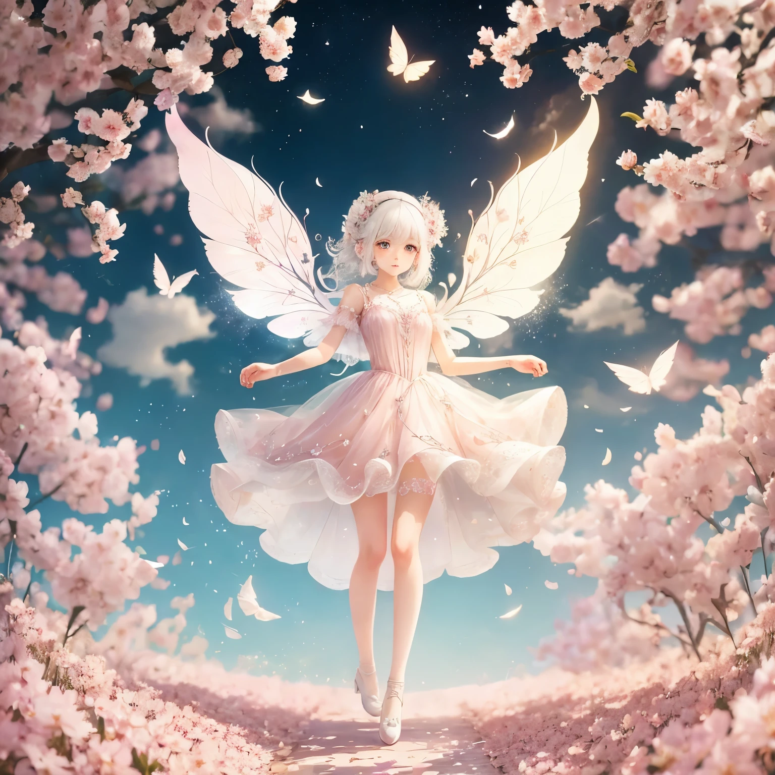 White-haired fairy wearing pink transparent sparkling diamond dress、on the sky，livestock，long legs，Symmetrical wings,magic（（（Sakura petals are flying all over the ground）））（（pastel tones））（best quality））， （（intricate details））， （（Surrealism））（8k）