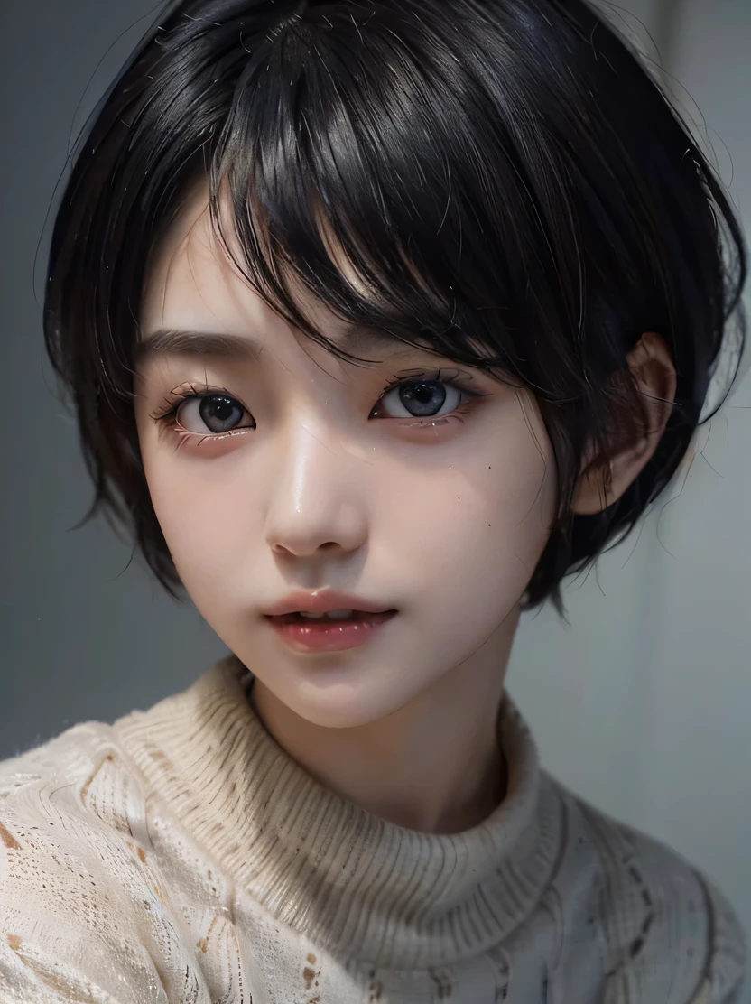 ((masterpiece、highest quality、Super detailed、High resolution、realistic、sharp focus、cinematic lighting))、(1 girl)、beautiful face、realistic face、(black hair、boyish short hair、cropped cut、cropped)、beautiful hairstyle、realistic eyes、fine and beautiful eyes、realistic skin、beautiful skin、sweater、confused、charm、golden ratio
