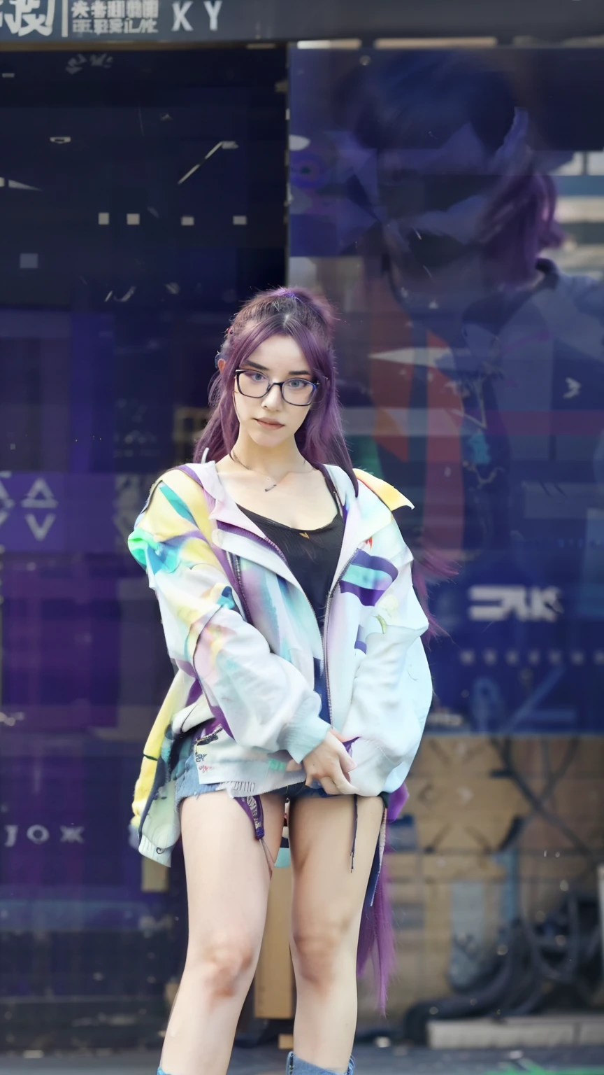 there is a woman with purple hair and glasses posing for a picture, casual pose, as a character in tekken, cyberpunk 2 0 y. o model girl, kda, second life avatar, casually dressed, cyberpunk anime girl in hoodie, blue jeans. unreal 5, live2d virtual youtuber model, unreal engine : : rave makeup, style game square enix