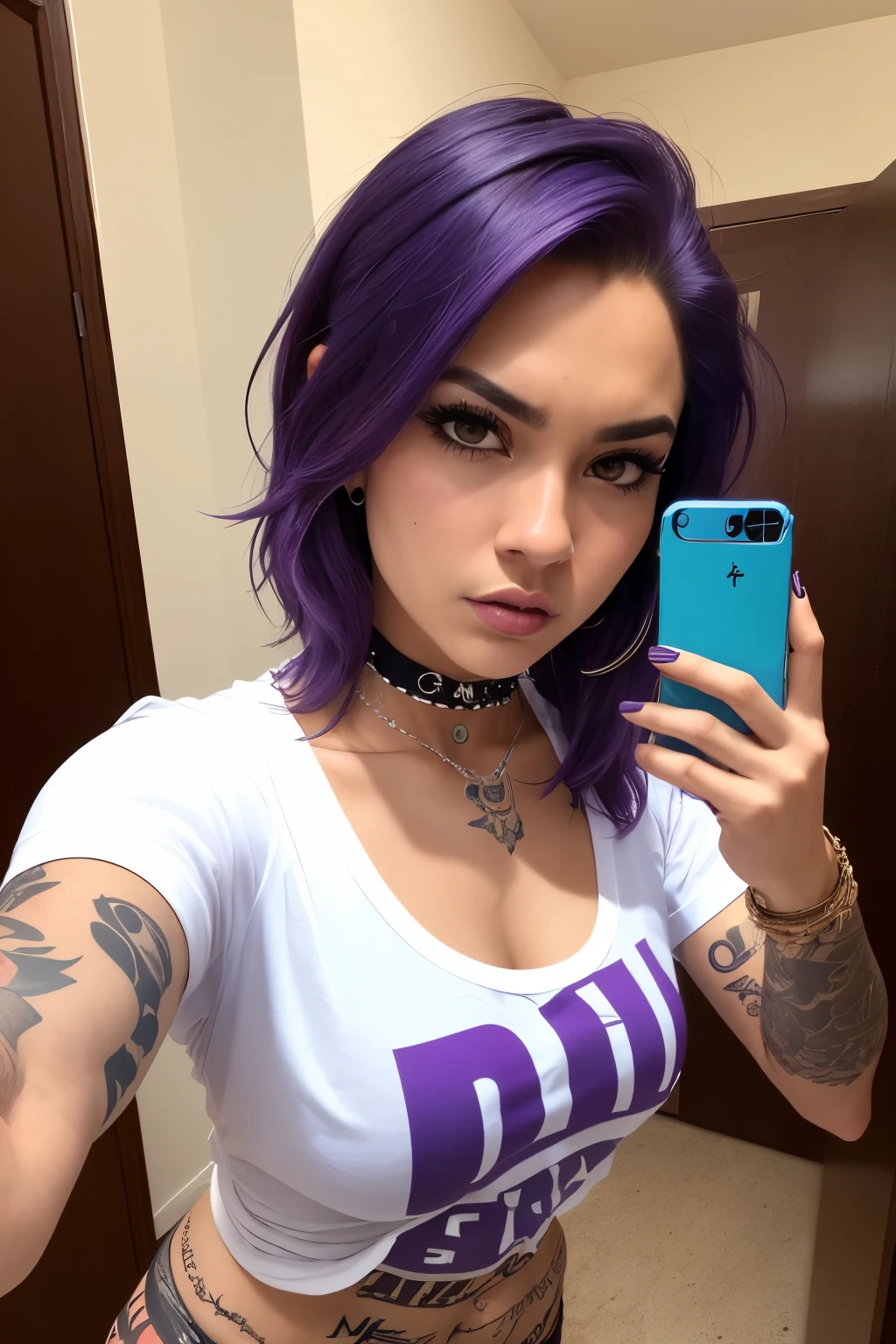 ((Mejor calidad)), ((Obra maestra)), (detallado),frontal portrait, cara perfecta, SEXY, purple hair, beautiful angry late teen latin urban punk girl with tattoos taking a selfie, dressed only with a very oversized sexy man tee shirt and tiny stilished punk garments, choker, spike bracelet, punk jewelry