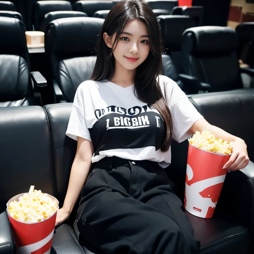 20 year old girl,Beautiful girl,big breast,long hair, oversized black t-shirts and pant, cute smile,cute girls bag on back , two popcorn bucket on both side ,popcorn in her hand,set on theater sit, comfortable sit, photo from cinema theater, ready for movie show, crowded theatre,8k , 16k, hyper realistic, hyper details, dark light, 