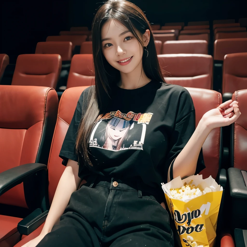 20 year old girl,Beautiful girl,big breast,long hair, oversized black t-shirts and pant, cute smile,cute girls bag on back , two popcorn bucket on both side ,popcorn in her hand,set on theater sit, comfortable sit, photo from cinema theater, ready for movie show, crowded theatre,8k , 16k, hyper realistic, hyper details, dark light, 
