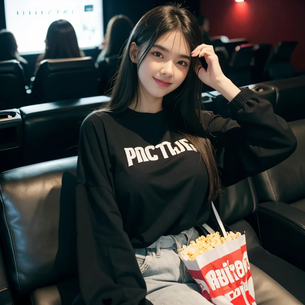 20 year old girl,Beautiful girl,big breast,long hair, oversized black t-shirts and pant, cute smile,cute girls bag on back , two popcorn bucket on both side ,popcorn in her hand,set on theater sit, comfortable sit, photo from cinema theater, ready for movie show, crowded theatre,8k , 16k, hyper realistic, hyper details, dark light, 