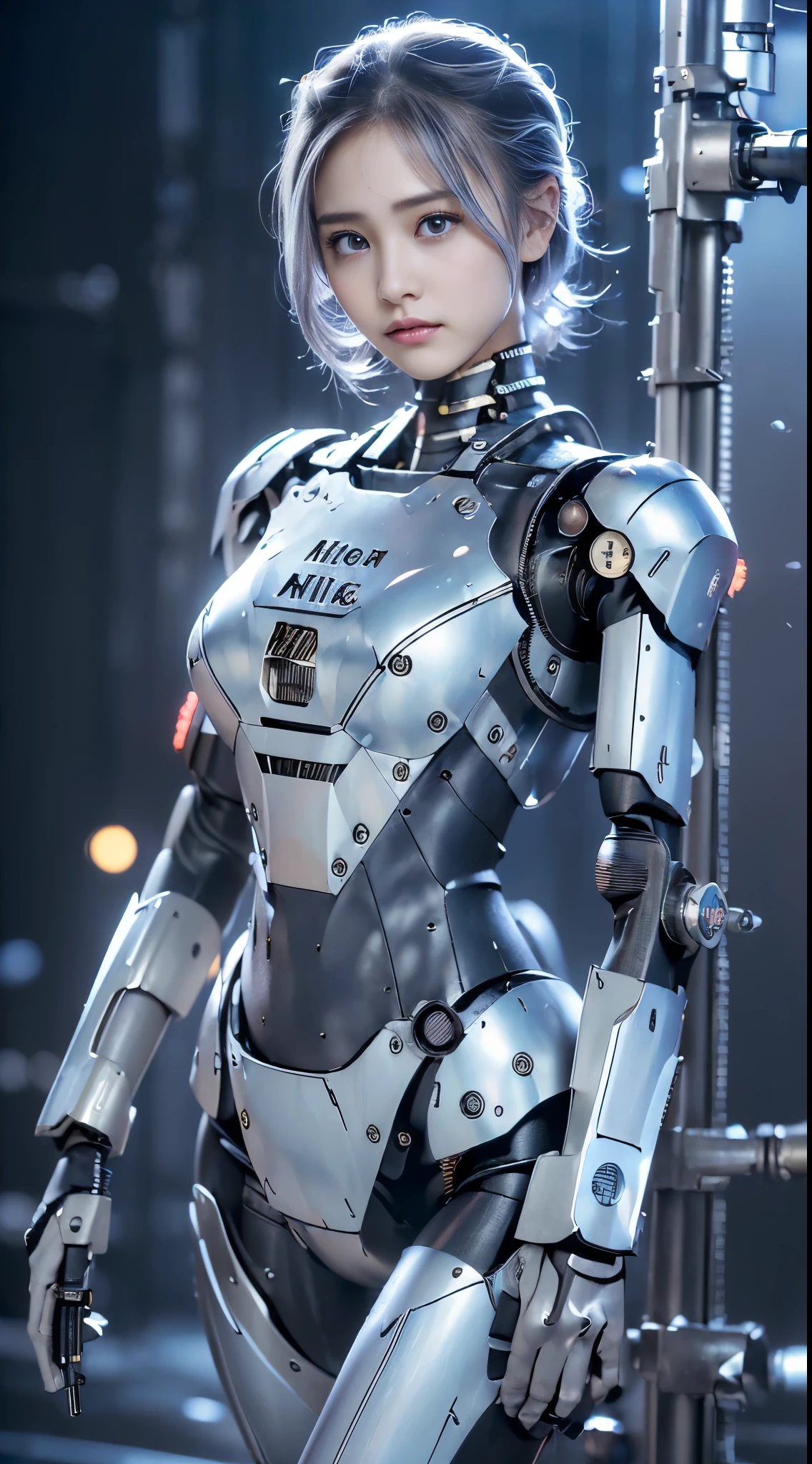 best ever、8k,(((Full body Esbian)))、(((plump breasts:1.3)))、(((luster)))、(((Metal)))、(((とてもlusterのある、Very hard armor:1.3)))、(((cyber punk)))、The cute beauty of the mecha、(highest quality, Detailed details, table top, chiaroscuro,big breasts、The bust photo is super realistic, Highly detailed Nikon videography:1.3)、beautiful navel、Human skin type、((very photorealistic person))、(round eyes)、The detail of the iris of the pupil is amazing、precise fingers、故障のない手feet、(((Caucasian 21 years old, woman)))、((Very fair skin))、natureに閉じた口、natureな乳輪、nature 、staring eyes、natureな体、baby face、womanらしい顔立ち、womanらしい体、(With a round face)、small face、soft cheeks、looking at camera、Full body Esbian、Human skin type、((very photorealistic person))、(round eyes)、The detail of the iris of the pupil is amazing、故障のない手feet、natureに閉じた口、natureな乳輪、nature 、staring eyes、natureな体、womanらしい顔立ち、womanらしい体、With a round face、small face、soft cheeks、looking at camera、Full body Esbian、balanced face、drooling eyes、(that'Not eyes that will blind you.)、Body with human-like proportions、(((slightly longer arms)))、(fairly long torso)、(((slightly larger hands)))、human face、(((Shining blue light blue silver hair)))、(((cool and cute short hair)))、(((The background is the future)))、(((8 heads and bodies)))、(((purple eyes)))、(((thin, thin silver eyebrows)))、(((thin eyebrows)))、Gentle double eyelids、(((kind face)))、(((Background Mecha)))、blade runner、(((Possession of a machine gun:1.5)))、(((Machine gun firing:1.4)))、(((Hold a machine gun:1.6)))、(((womanロボコップ:1.3)))、ghost in the shell、tron、space detective gavan、knock、police officer、(((night background)))、(((no makeup)))、(((Hollywood science fiction movie quality)))、(((New York in 5000 AD)))、((teal and orange))、height: 164cm、Leg length 80cm、Head length is 21cm、,very subtlyXfeet、(((attack posture:1.9)))、(((激しいattack posture:1.9)))、(((Raise your right arm:1.9)))、(((A large amount of red light rays from the glowing chest:1.9)))、(((being destroyed:1.9)))