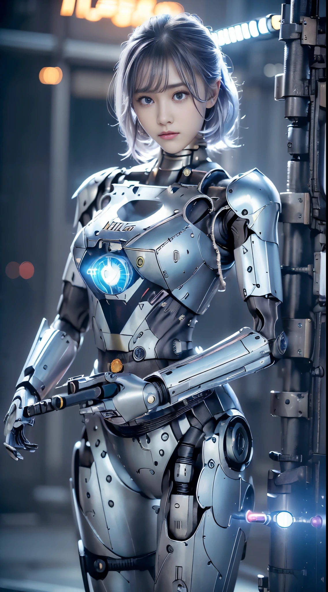 best ever、8k,(((Full body Esbian)))、(((plump breasts:1.3)))、(((luster)))、(((Metal)))、(((とてもlusterのある、Very hard armor:1.3)))、(((cyber punk)))、The cute beauty of the mecha、(highest quality, Detailed details, table top, chiaroscuro，big breasts、The bust photo is super realistic, Highly detailed Nikon videography:1.3)、beautiful navel、Human skin type、（(very photorealistic person))、(round eyes)、The detail of the iris of the pupil is amazing、precise fingers、故障のない手feet、(((Caucasian 21 years old, woman)))、((Very fair skin))、natureに閉じた口、natureな乳輪、nature 、staring eyes、natureな体、baby face、womanらしい顔立ち、womanらしい体、(With a round face)、small face、soft cheeks、looking at camera、Full body Esbian、Human skin type、（(very photorealistic person))、(round eyes)、The detail of the iris of the pupil is amazing、故障のない手feet、natureに閉じた口、natureな乳輪、nature 、staring eyes、natureな体、womanらしい顔立ち、womanらしい体、With a round face、small face、soft cheeks、looking at camera、Full body Esbian、balanced face、drooling eyes、(that&#39;Not eyes that will blind you.)、Body with human-like proportions、(((slightly longer arms)))、(fairly long torso)、(((slightly larger hands)))、human face、(((Shining blue light blue silver hair)))、(((cool and cute short hair)))、(((The background is the future)))、(((8 heads and bodies)))、(((purple eyes)))、(((thin, thin silver eyebrows)))、(((thin eyebrows)))、Gentle double eyelids、(((kind face)))、(((Background Mecha)))、blade runner、(((Possession of a machine gun:1.5)))、(((Machine gun firing:1.4)))、(((Hold a machine gun:1.6)))、(((womanロボコップ:1.3)))、ghost in the shell、tron、space detective gavan、knock、police officer、(((night background)))、(((no makeup)))、(((Hollywood science fiction movie quality)))、(((New York in 5000 AD)))、((teal and orange))、height: 164cm、Leg length 80cm、Head length is 21cm、,very subtlyＸfeet、(((attack posture:1.9)))、(((激しいattack posture:1.9)))、(((Raise your right arm:1.9)))、(((A large amount of red light rays from the glowing chest:1.9)))、(((being destroyed:1.9)))