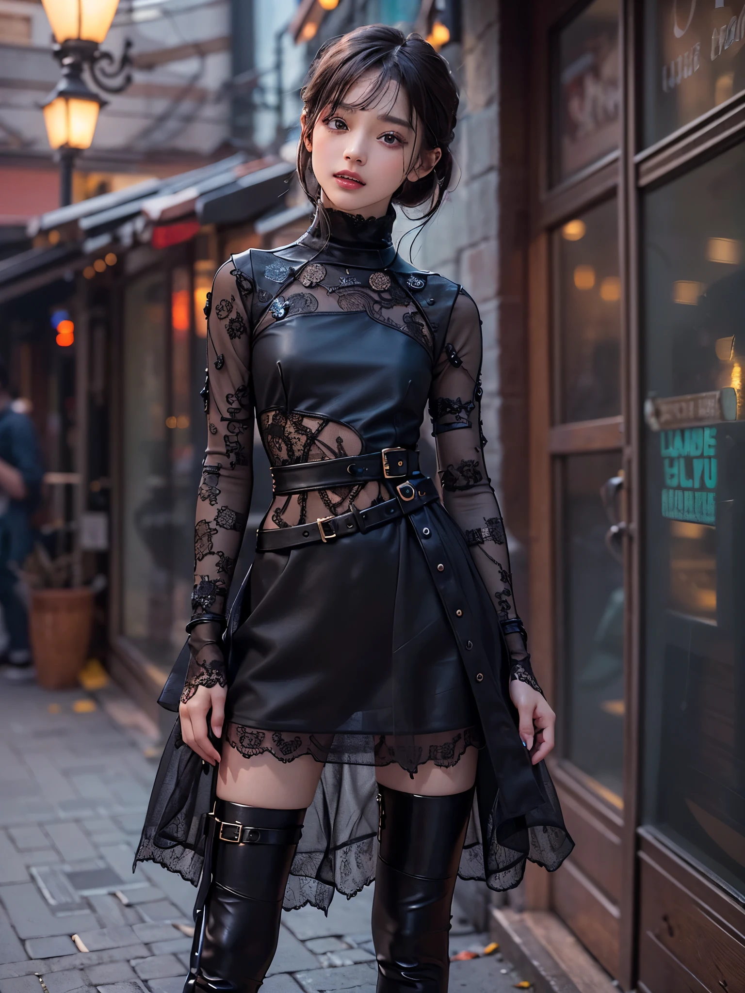 8k, RAW photo, top quality, masterpiece, realistic, photorealistic, clear, professional lighting, beautiful face, top quality, super high resolution.
BREAK (full body.:1.5), ,(18 years old very beautiful Japanese girl:1.3)
nsfw,
Slender, very flat chested, very small breasts
(The supermodel is smiling confidently and striking various poses in the photoshoot, :1.4)
(A very stylish cafe terrace at night, magically lit up, :1.3)
(Black theme:1.4)
BREAK (Futuristic, stylish, complex-shaped upper and lower separate leather dress: 1.3)
BREAK latex, Glossy, Liquid, rubber, BREAK(turtleneck:1.2),(Black theme:1.3),(lace and leather turtleneck,:1.3)black A-line leather maxi skirt:1.4),
(patchwork of lace and leather:1.5),
(Separate leather dress with intricate triangular silhouette lace decoration:1.5),
(lace patchwork,:1.4)