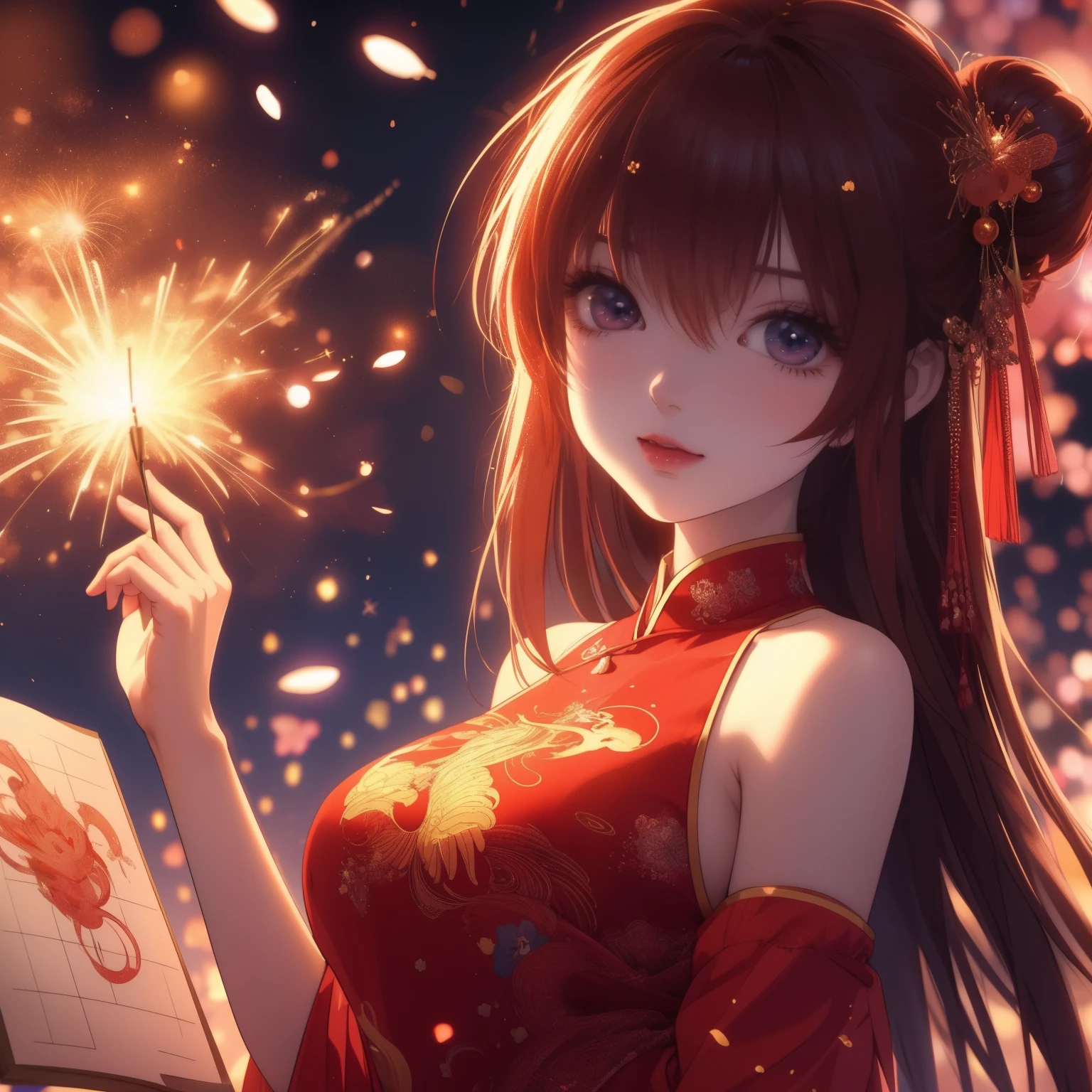 Anime girl holding fireworks and a book in her hands, anime style 4k, anime wallpaper 4k, anime wallpaper 4k, beautiful anime girl, anime art wallpaper 4k, Anime Art Wallpaper 4k, 4k anime wallpaper, anime art wallpaper 8k, Cute anime waifu wearing beautiful clothes, Attractive anime girl, Beautiful anime woman, Beautiful anime style