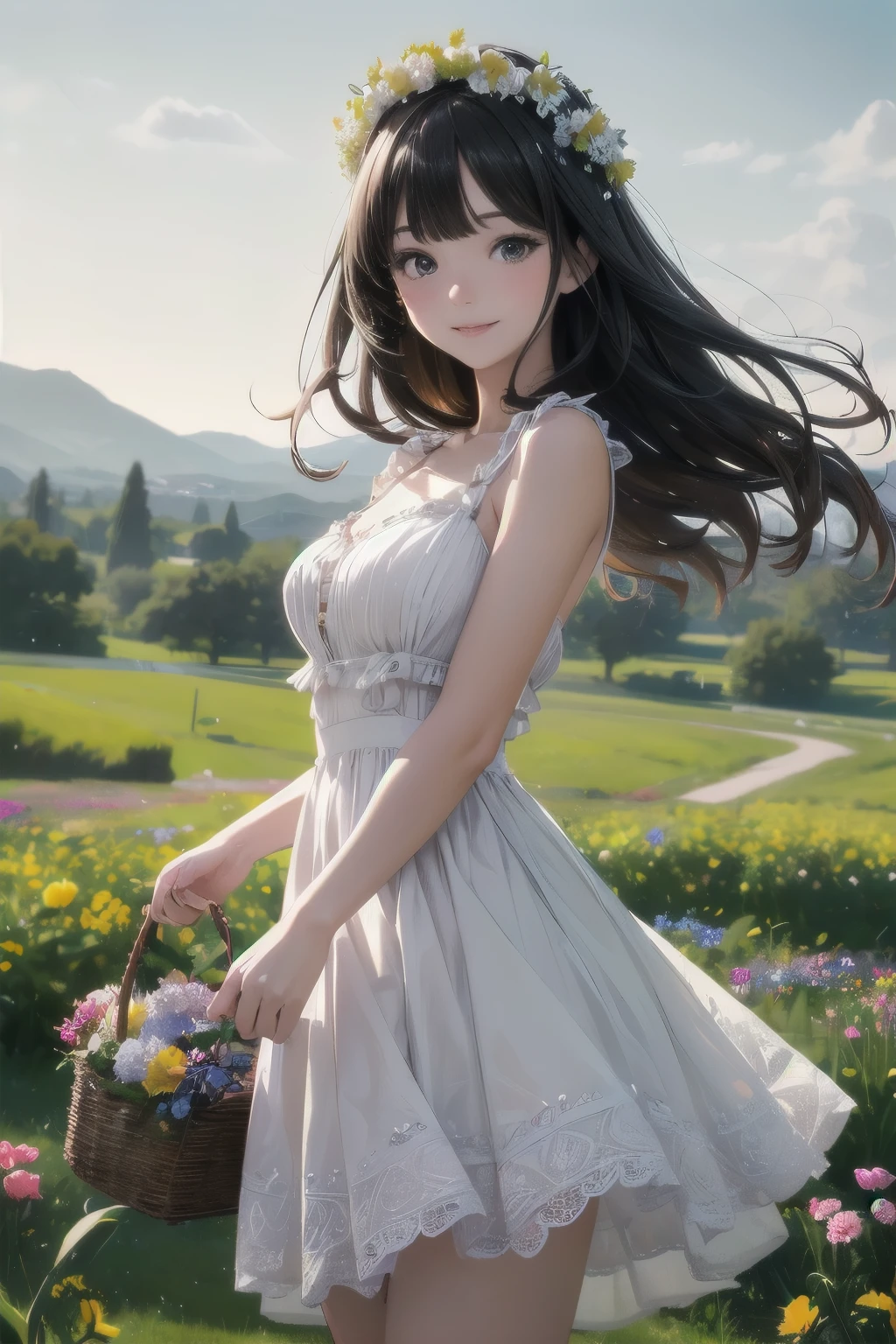 very cute and beautiful girl with flower crown,teen,white summer dress with detailed frills,detailed lace,
(highly detailed beautiful face),standing in middle of colorful flower field,(holding a basket of freshly picked flowers),
countryside,beautiful summer sky,cowboy shot,(smile),happy,black hair,detailed legs,
(best quality,masterpiece:1.2),absurdres,highres,ultra-detailed,extremely detailed,32k,8k resolution,
intricate details,cinematic scene,detailed background,solo,dynamic angle,hair fluttering in the wind,