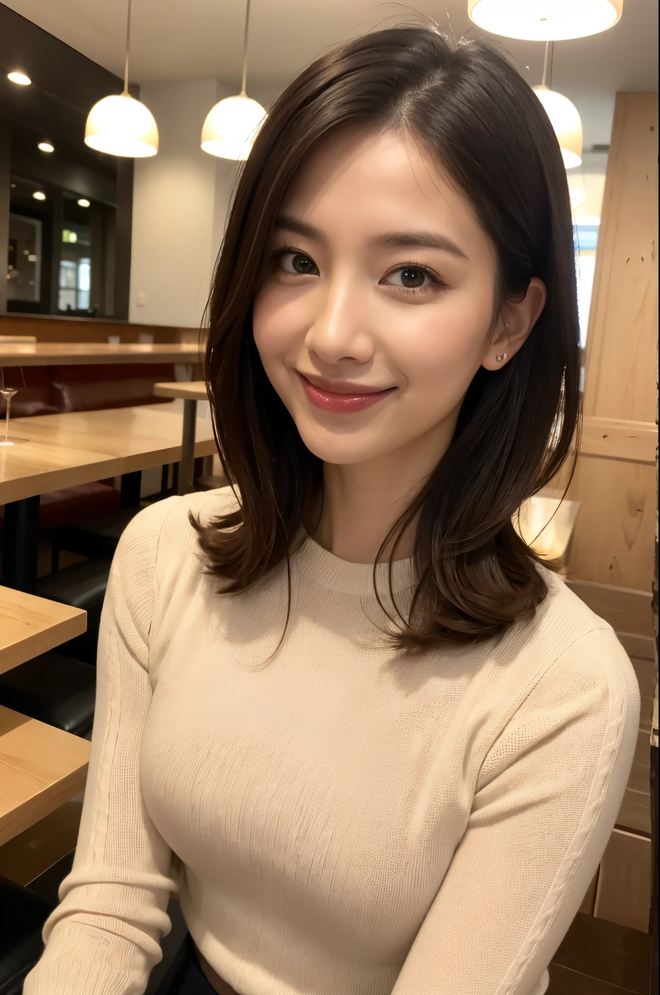 ulzzang-6500-v1.1, (RAW photo:1.2), (Photoreal), (genuine:1.4), (muste piece),(very realistic, High resolution, detailed face, fine eyes), thin woman, 40 years old, cute face, look at the audience, (very affectionate smile:1.2)、Straight Bob Hair_lower front cut, slim figure, small breasts, very thin waist, at the restaurant, wearing a knit dress