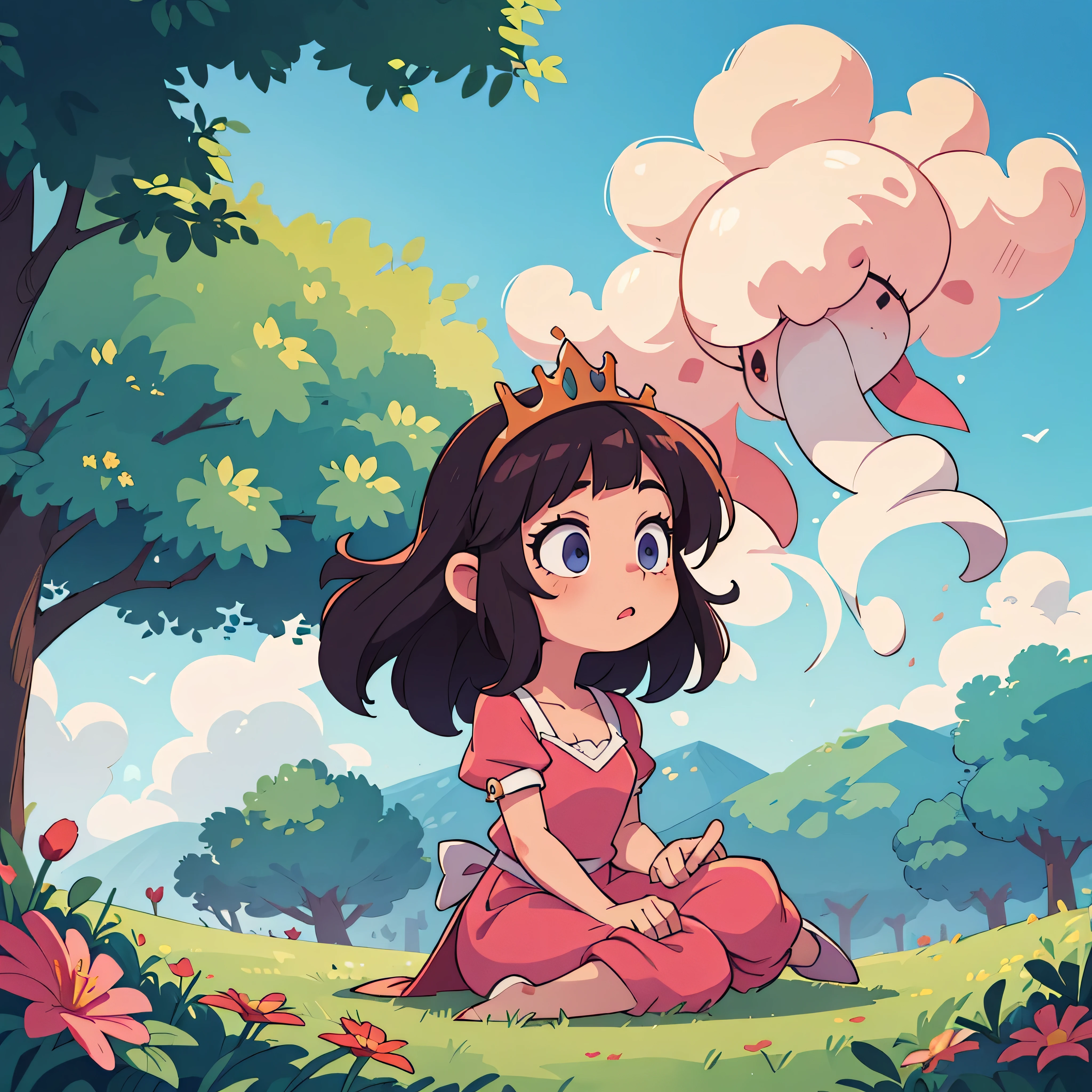 ((best quality, masterpiece)),
1girl, princess pink dress, flowers, white messy hair, outdoor, clouds on background,fantasy, medieval, castle on background