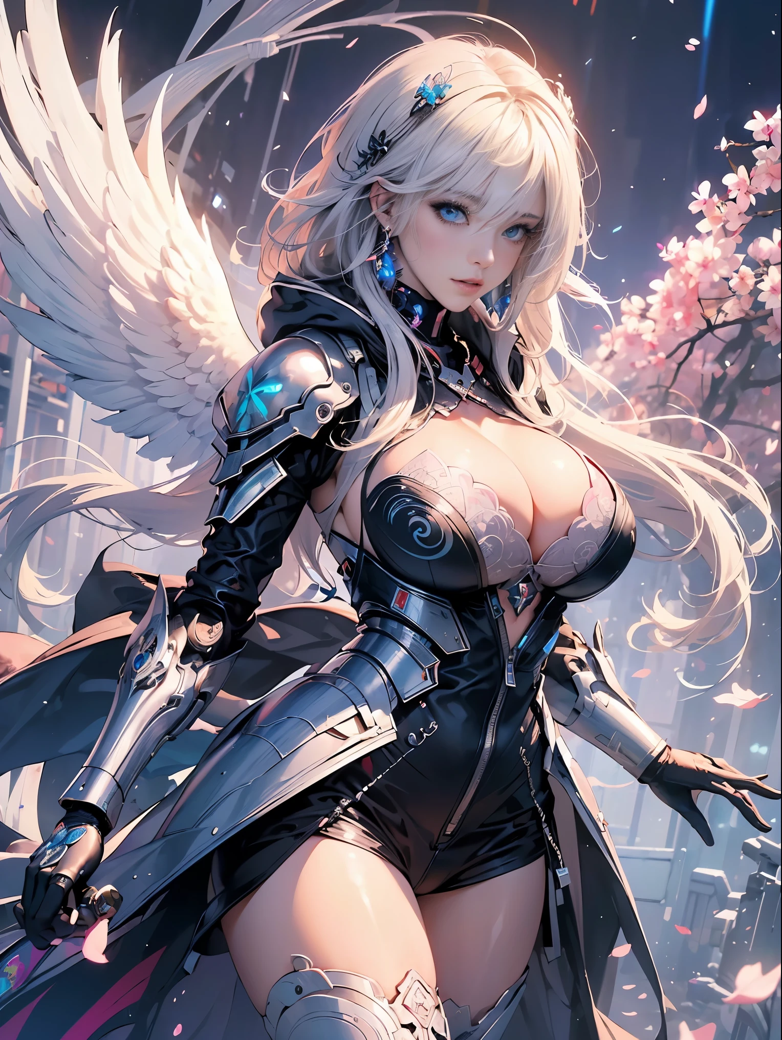 (masterpiece, top quality, best quality, official art, beautiful, cosmic, atmospheric, psychedelic, dreamlike, swirling psychedelic cosmic graffiti patterns,,aesthetic:1.2), (1girl, neon white hair, mecha, beautiful, sexy, beautuful highly detailed hooded mecha battle armor, mecha angel wings, tons of tattoos and piercings, super huge enormously gigantic tits, cleavage showing), extreme detailed,(fractal art:1.3),colorful,highest detailed, cherry blossoms blowing in the wind 