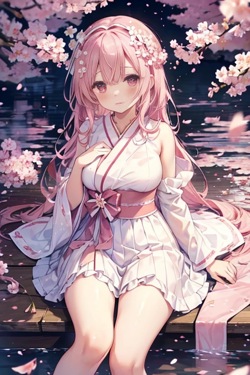 ((masterpiece)), Sakura Maiden, ((best quality)), ((beautiful body)), delicate skin with a pink hue, long flowing cherry blossom hair, ((cherry blossom petals in the hair)), irises that softly focus with a gentle pink tint, short traditional maiden outfit with frilly white sleeves and a sash tied around the waist, beneath it, a cherry blossom patterned under-skirt, ((subtle peekaboo of thighs and calves)), ((cherry blossom headband)), ((peaceful background of a cherry blossom garden)), ((Springtime ambiance with blooming cherry blossoms all around)),