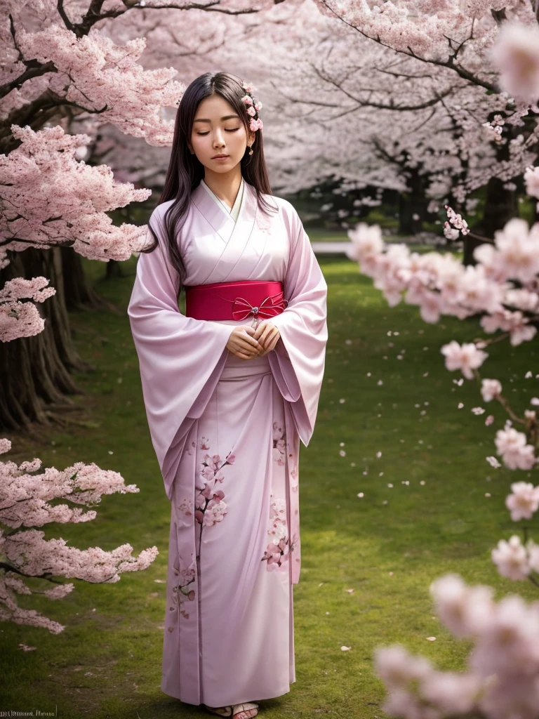 Descriptive keywords: A serene young woman standing amidst a flurry of pink cherry blossoms, embodying grace and purity.

Photographic style: Soft focus, with a dreamy and ethereal quality to evoke a sense of magic and mystique.

Tone: Serene, tranquil, and mystical.

Object: A young woman in a traditional Japanese kimono.

Action: The young woman is standing with her eyes closed, arms slightly extended, and a peaceful expression as cherry blossom petals gracefully fall around her, creating a beautiful and tranquil scene.