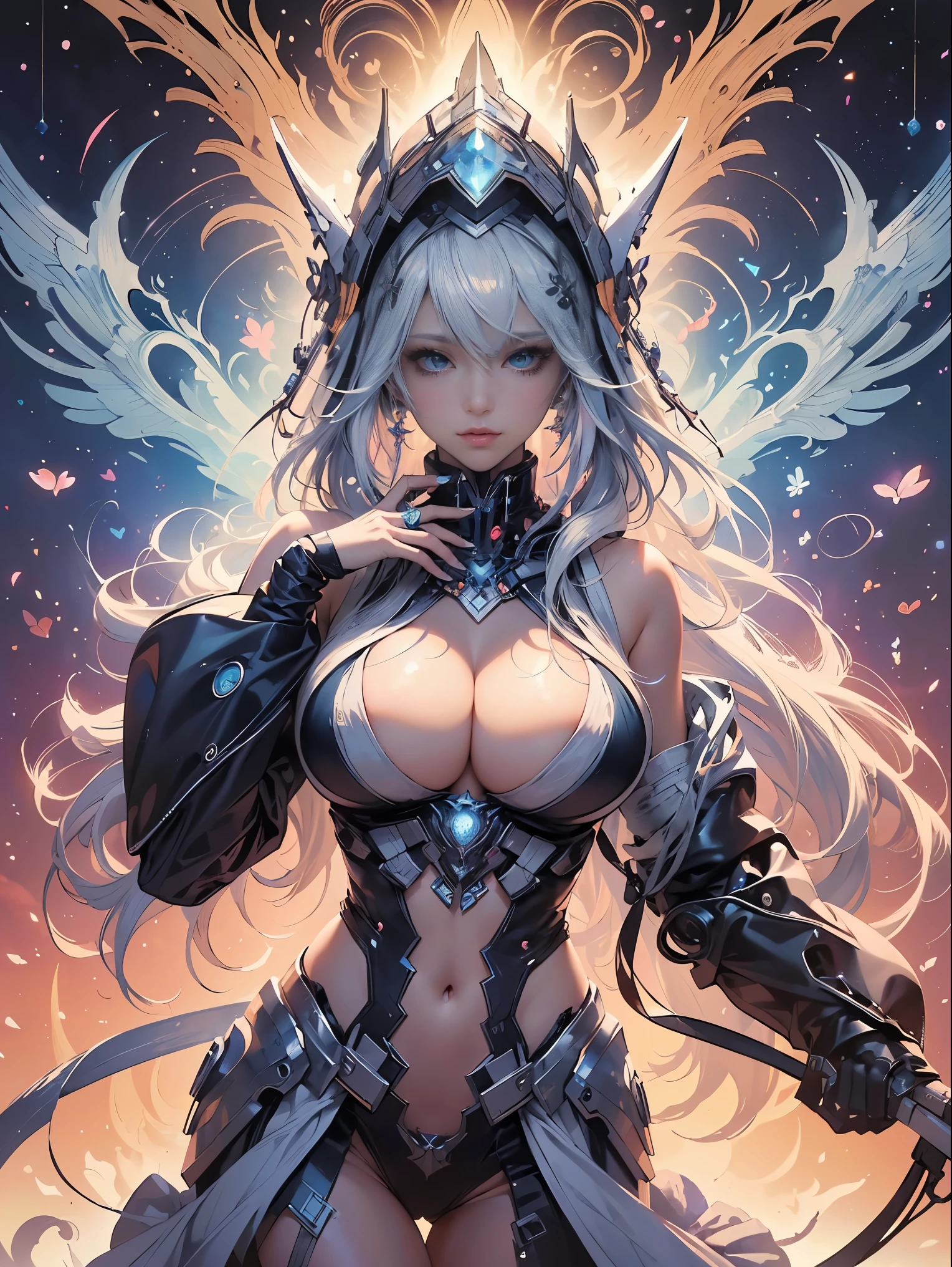 (masterpiece, top quality, best quality, official art, beautiful, cosmic, atmospheric, psychedelic, dreamlike, swirling psychedelic cosmic graffiti patterns,,aesthetic:1.2), (1girl, neon white hair, mecha, beautiful, sexy, beautuful highly detailed hooded mecha battle armor, mecha angel wings, tons of tattoos and piercings, super huge enormously gigantic tits, cleavage showing), extreme detailed,(fractal art:1.3),colorful,highest detailed, cherry blossoms blowing in the wind