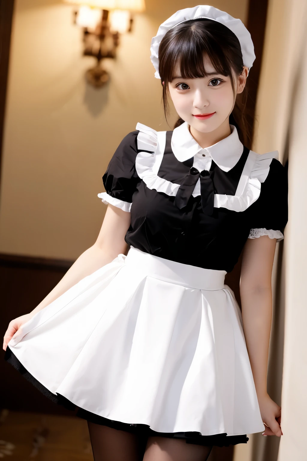 Japanese cute girl wearing maid outfit, Princess cut and bangs，Short soft blonde hair, Blank room、perfect anatomy, center, almost perfect, Dynamic, Very detailed, Focus is smooth and sharp, full-body shot, 8k, fine details, colorful, intricate details，One-handed tray，dinner plate，Look at the feet，long limbs,Permanently installed，small leather shoes，facing this direction:1.0，front whole body，View full shoe，white cute，long legs，Show shoe details，see full hair，Complete shoes，stand