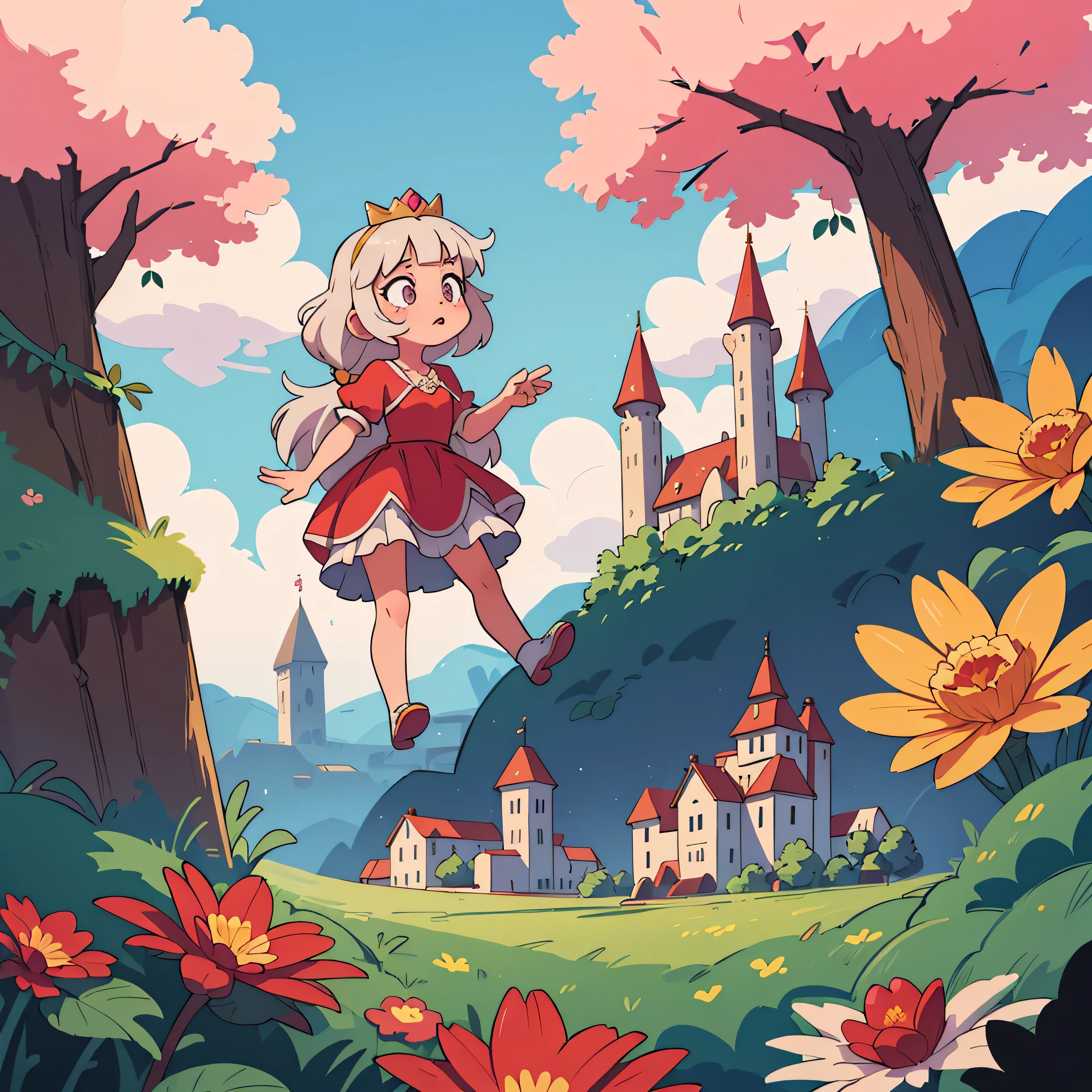 ((best quality, masterpiece)),
1girl, princess pink dress, flowers, white messy hair, outdoor, clouds on background,fantasy, medieval, castle on background