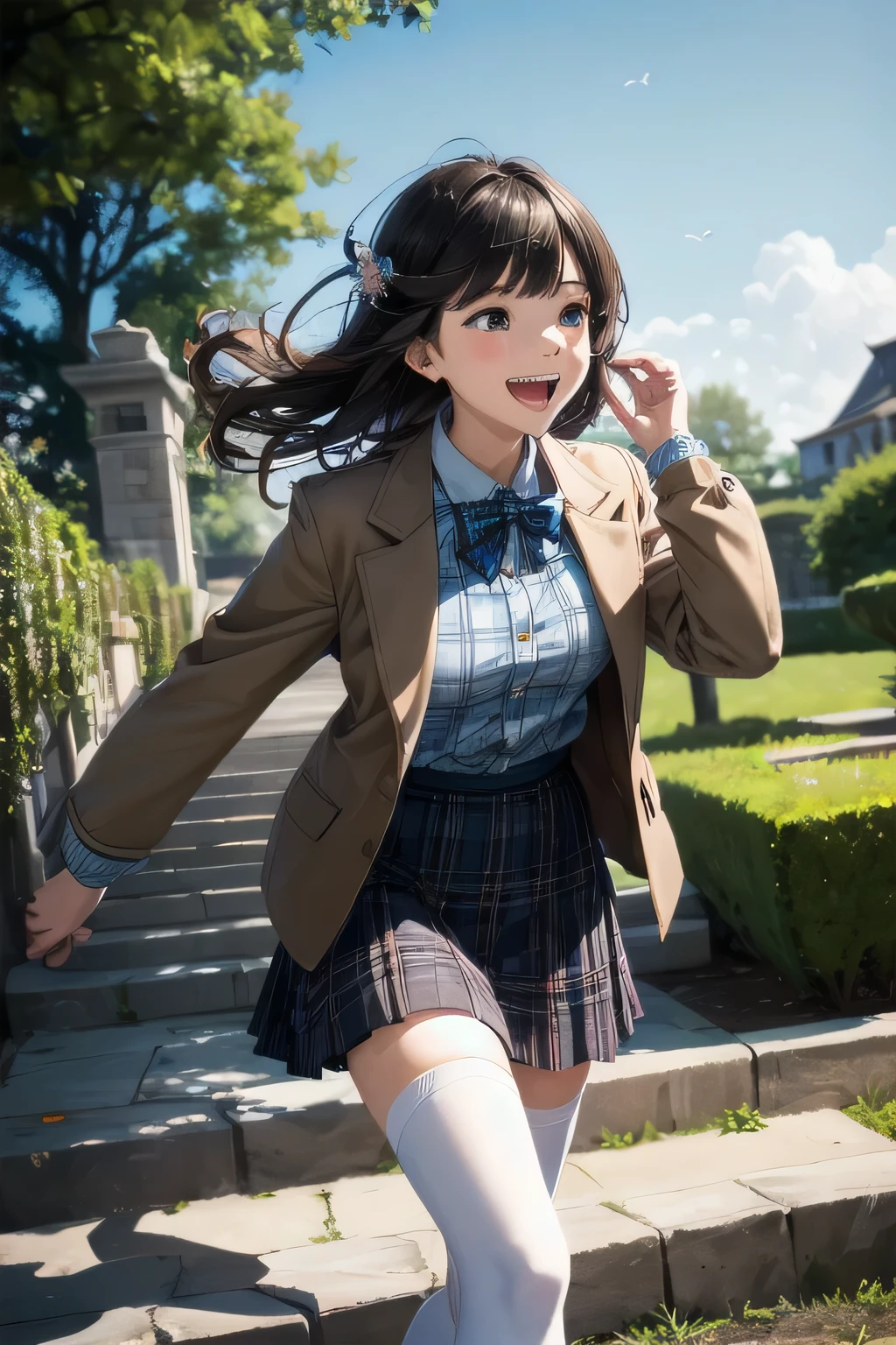 very cute and beautiful girl,(very detailed美しい顔),(smile),Happy,cowboy shot,
(brown jacket:1.2),collared shirt,Checkered bowtie BREAK Detailed legs,zettai ryouiki,Brown Shoulder Bag,brown boots,
stylish pose,dynamic angle,hair ornaments,black hair,(blue plaid mini skirt:1.2),Rose garden arbor,stone stairs,
(highest quality,masterpiece:1.2),disorganized,High resolution,super detailed,very detailed,32K,8K resolution,
intricate details,movie-like scene,detailed background,alone,dynamic angle,
alone,Natural light,hair blowing in the wind,beautiful and detailed sky,