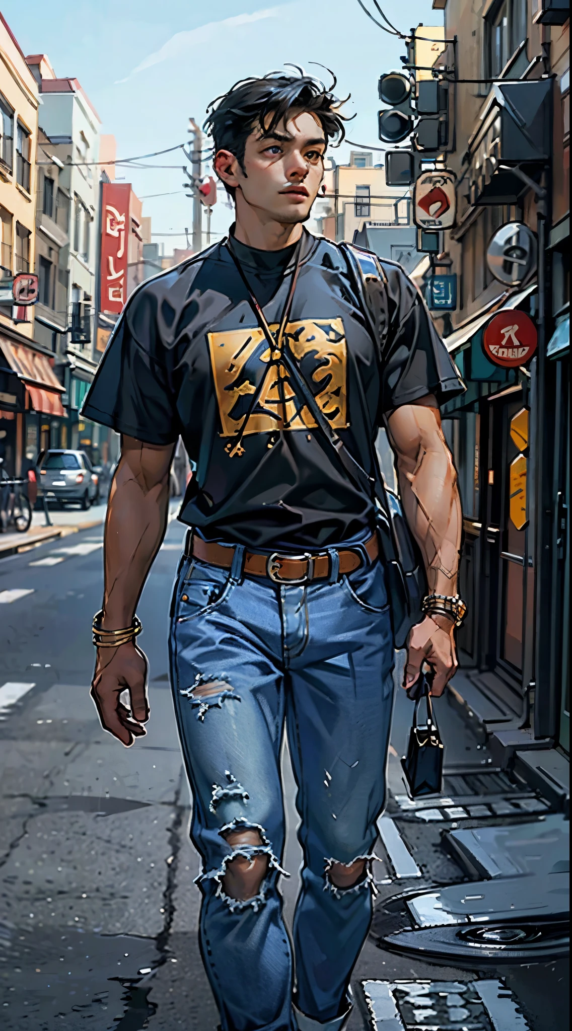 City street-metropolis. 1 young man - open torso - cool sports jersey - modern. masterpiece, Best quality (surrealism: 1.3), Excellent, quality, (masterpiece: 1.2), (realism: 1.2), (Best quality), (skin detail: 1.3), Sunny day, 1 young man. Long black hair, young, modern, walking down the street. (Open T-shirt, Lean torso, slim, strong body, wiry arms, broad shoulders, cool wide denim belt, arms decorated with belts, bracelets). ((expressive eyes)), brown eyes, black hair. modern clothes (surrealism: 1.3), Excellent, high quality. Hand-drawn realism.
