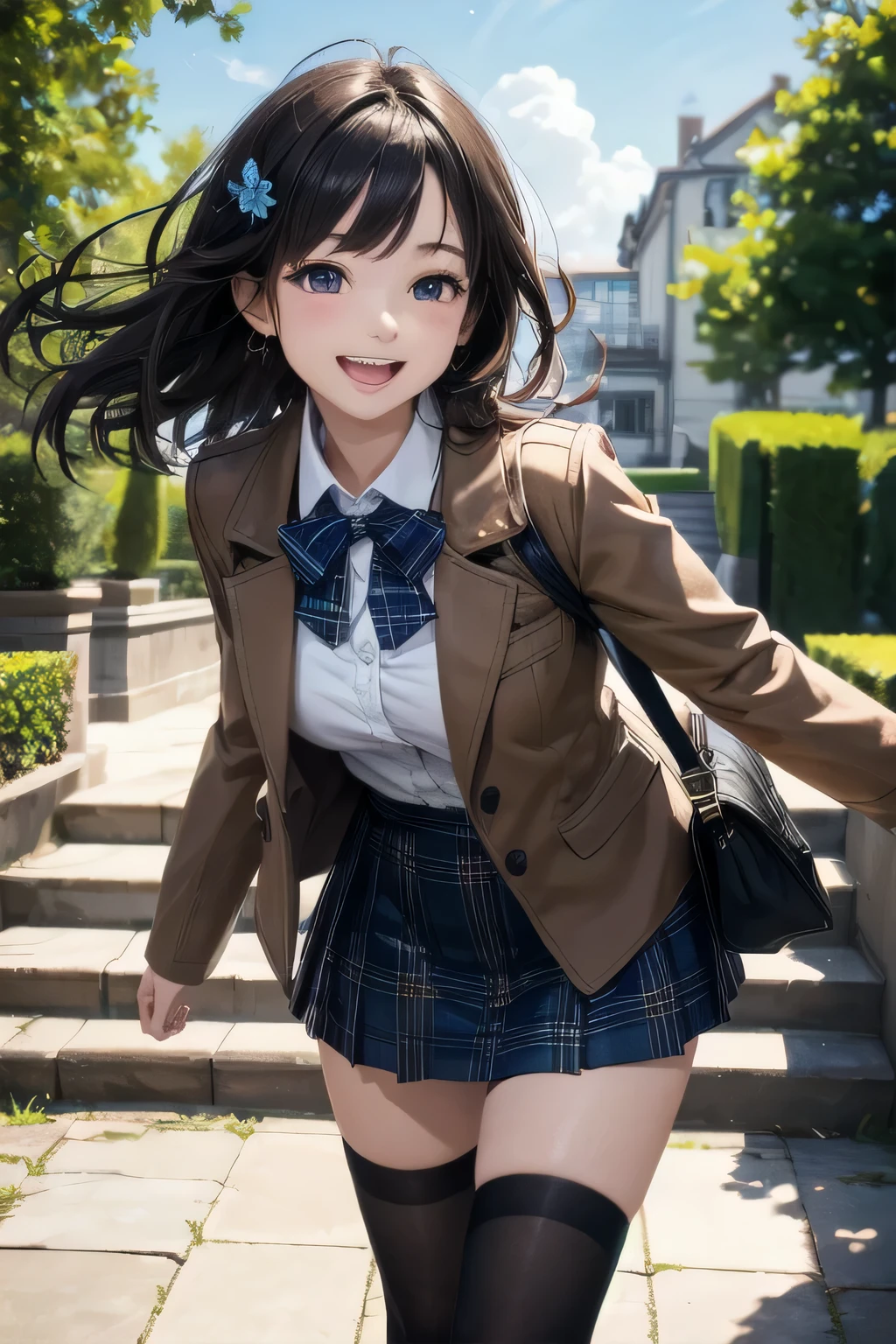 very cute and beautiful girl,(very detailed美しい顔),(smile),Happy,cowboy shot,
(brown jacket:1.2),collared shirt,Checkered bowtie BREAK Detailed legs,zettai ryouiki,Brown Shoulder Bag,brown boots,
stylish pose,dynamic angle,hair ornaments,black hair,(blue plaid mini skirt:1.2),Rose garden arbor,stone stairs,
(highest quality,masterpiece:1.2),disorganized,High resolution,super detailed,very detailed,32K,8K resolution,
intricate details,movie-like scene,detailed background,alone,dynamic angle,
alone,Natural light,hair blowing in the wind,beautiful and detailed sky,