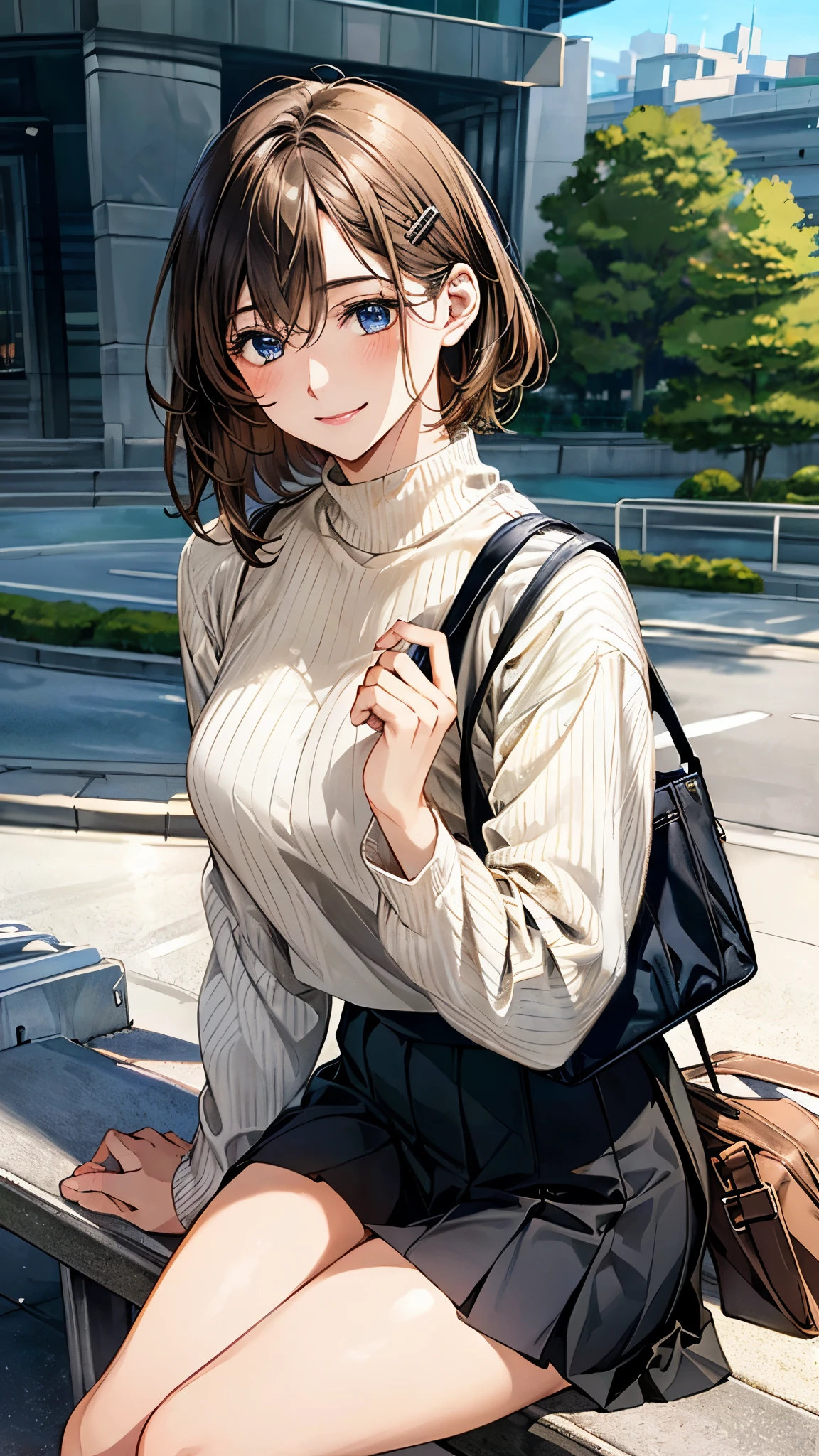 (masterpiece:1.3, top-quality), (realistic, photorealistic:1.4), beautiful illustration, (natural side lighting, movie lighting),
looking down, full body, from below, 1 girl, japanese, (receptionist), 20 years old, perfect face, (perfect anatomy), cute and symmetrical face, shiny skin,
(short hair, straight hair, light brown hair), hair between eyes, dark blue eyes, hair clip, long eye lasher, (medium breasts, seductive thighs, big ass),
beautiful hair, beautiful face, beautiful detailed eyes, beautiful clavicle, beautiful body, beautiful chest, beautiful thigh, beautiful legs, beautiful fingers,
((insanely detailed clothes, ivory high neck sweater, black pleated skirt, tote bag)),
(beautiful scenery), depth of field, late afternoon, (park, cityscape in the distance, sitting park bench), holding phone, drinking fountain, (happy smile),