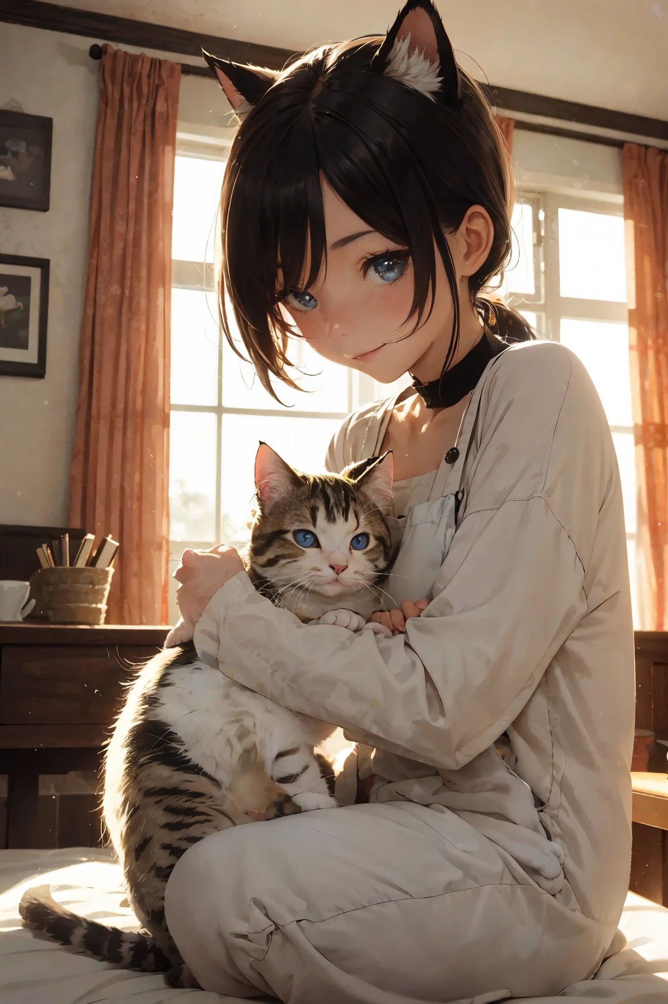 Cute kitty, with soft and fluffy fur, twinkling bright blue eyes, and a pink nose, is playfully sitting on a sun-lit windowsill. Its tiny paws are clinging on to the sill, and its ears are perked up, listening intently to the sounds outside. The room is filled with warm, soft light from the window, casting a gentle glow on the chibi-styled feline. The overall scene is highly detailed and delightful, sure to bring a smile to anyone's face.
