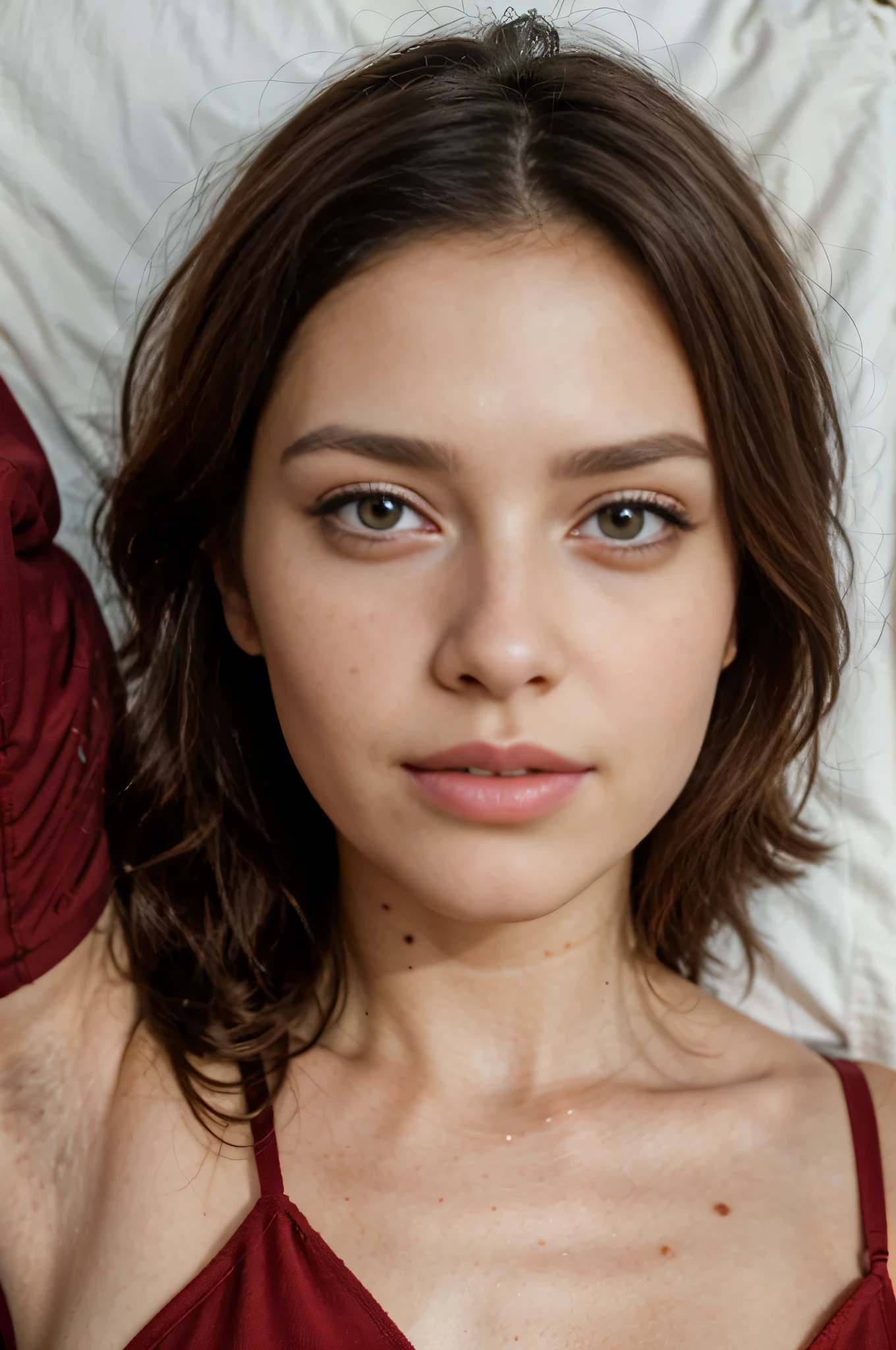 ((best quality)), ((masterpiece)), (detailed), Melis Esenlik, perfect face, close up realistic photo of beautiful woman with long brown hair, Turkish, influencer, light freckles, hazel eyes, big lips, light red lipstick, instagram, wearing a red T-shirt with little lownecked, inspired suit, detail shot, a little far distance, laying on the bed, sexy :8, detailed picture, detailed image