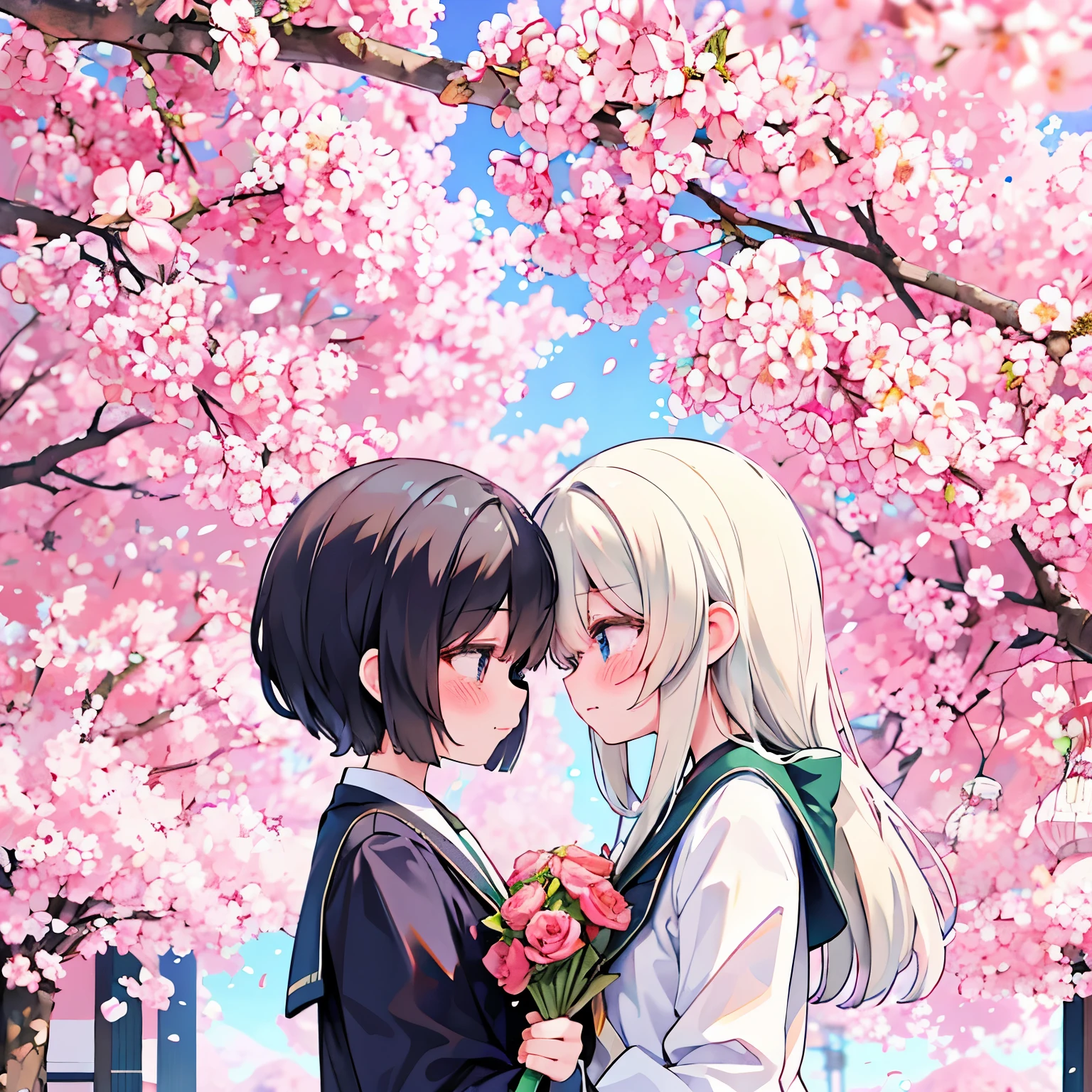 graduation ceremony、Tears of emotion、tears of sadness、two girls、senior and junior、uniform、fantasy elements、farewell bouquet、I regret parting、two girls facing each other、cherry blossoms fall